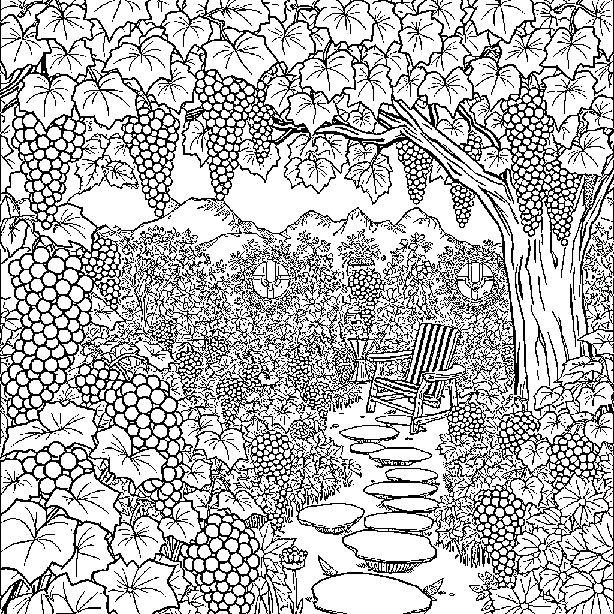 Garden filled with intricate flora and tranquil scene Coloring Page (free black-and-white line drawing printable PDF for all, from beginners to advanced learners, including children, teens, adults, and seniors)