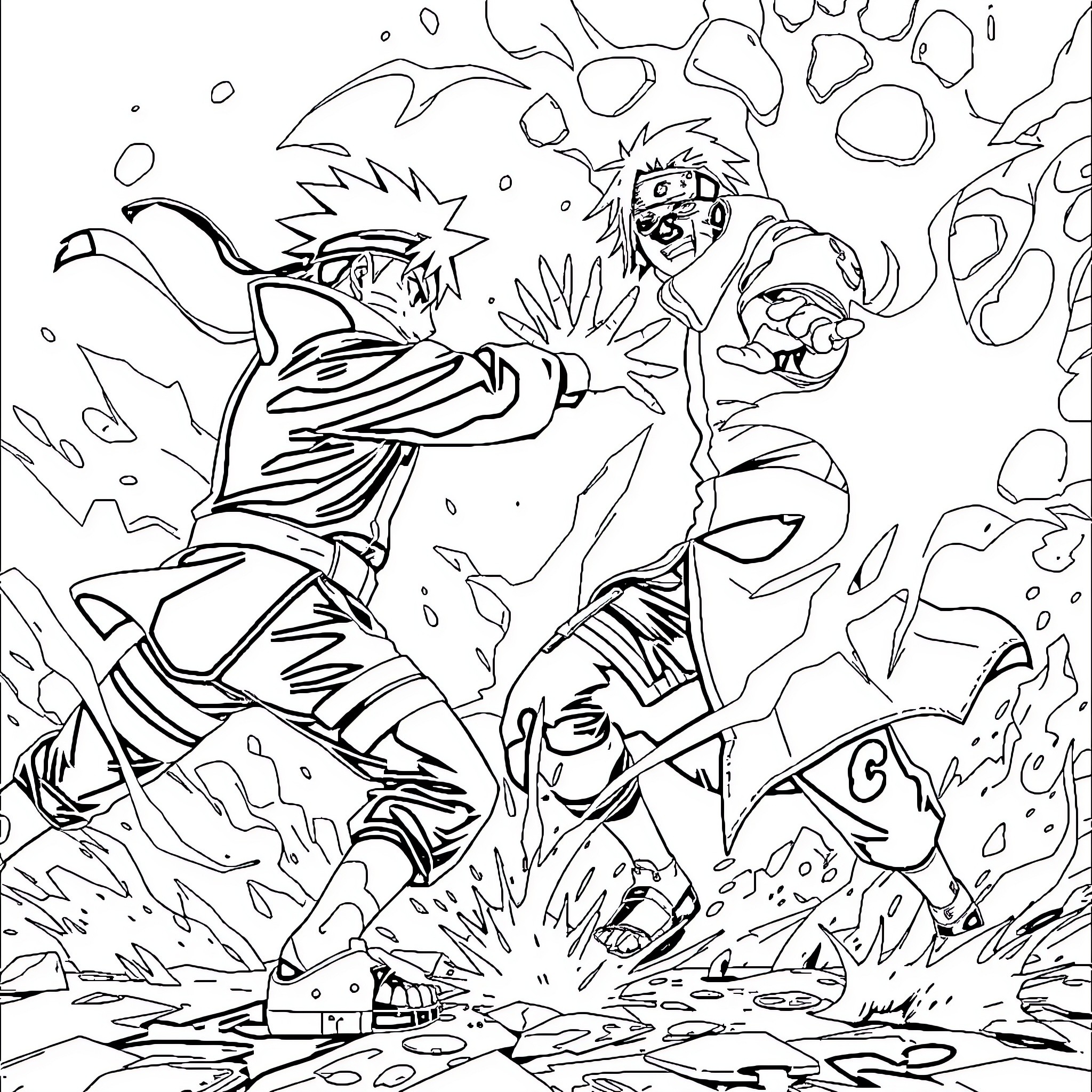 Naruto characters in intense combat action Coloring Page (free black-and-white line drawing printable PDF for all, from beginners to advanced learners, including children, teens, adults, and seniors)