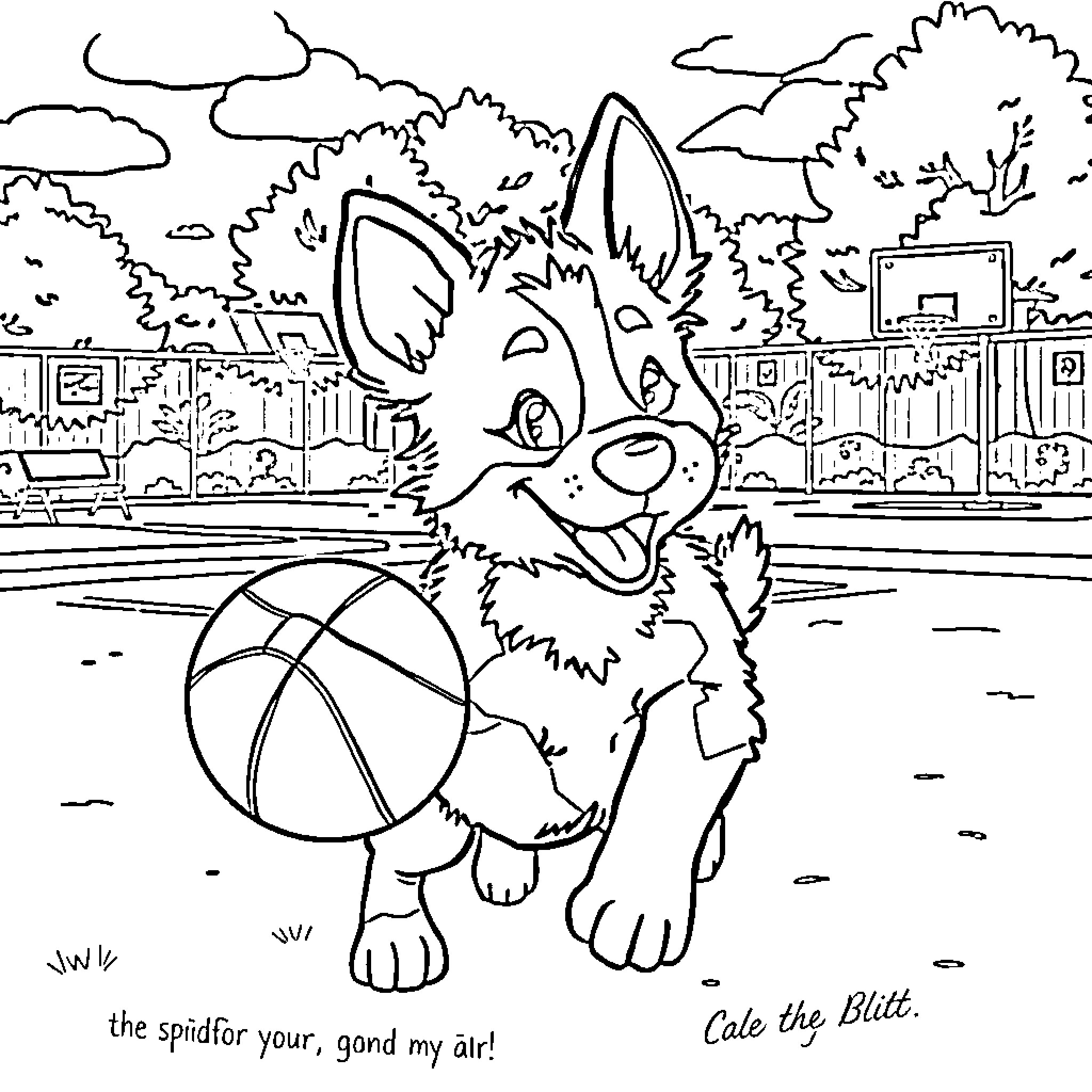 Bluey playing happily with a basketball on the court Coloring Page (free black-and-white line drawing printable PDF for all, from beginners to advanced learners, including children, teens, adults, and seniors)