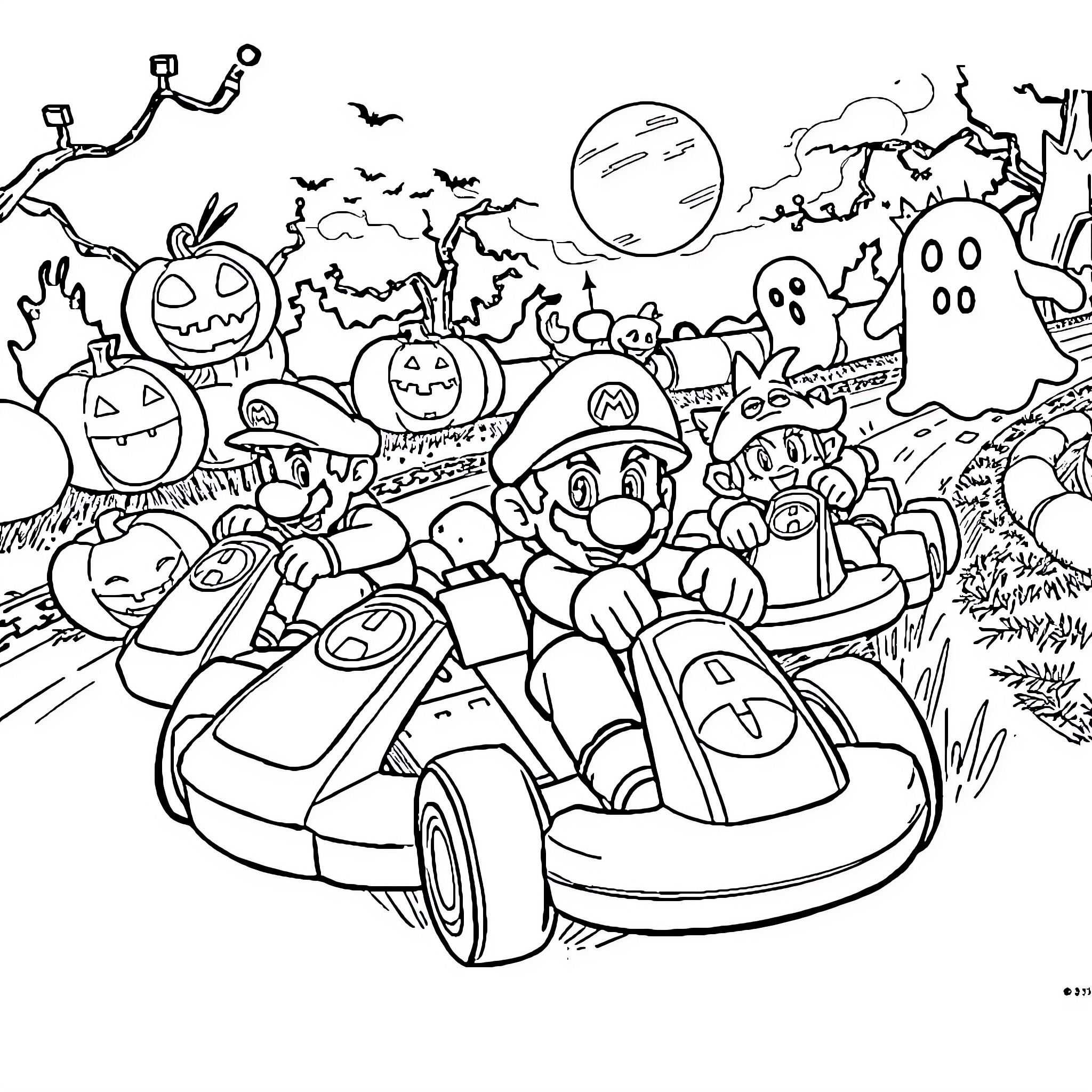 Mario's Spooky Kart Adventure Coloring Page (free black-and-white line drawing printable PDF for all, from beginners to advanced learners, including children, teens, adults, and seniors)