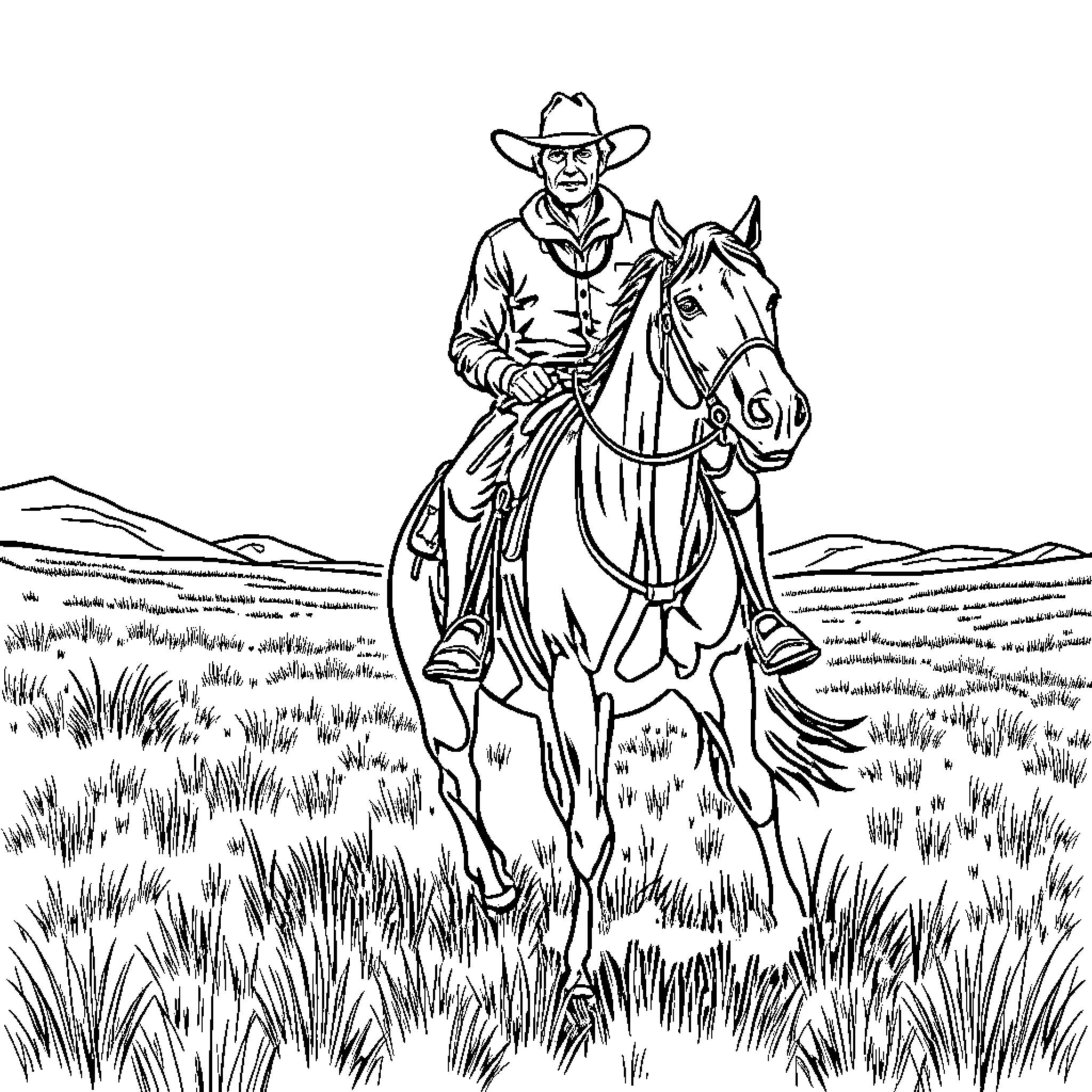 Cowboy riding horse through grassy field Coloring Page (free black-and-white line drawing printable PDF for all, from beginners to advanced learners, including children, teens, adults, and seniors)