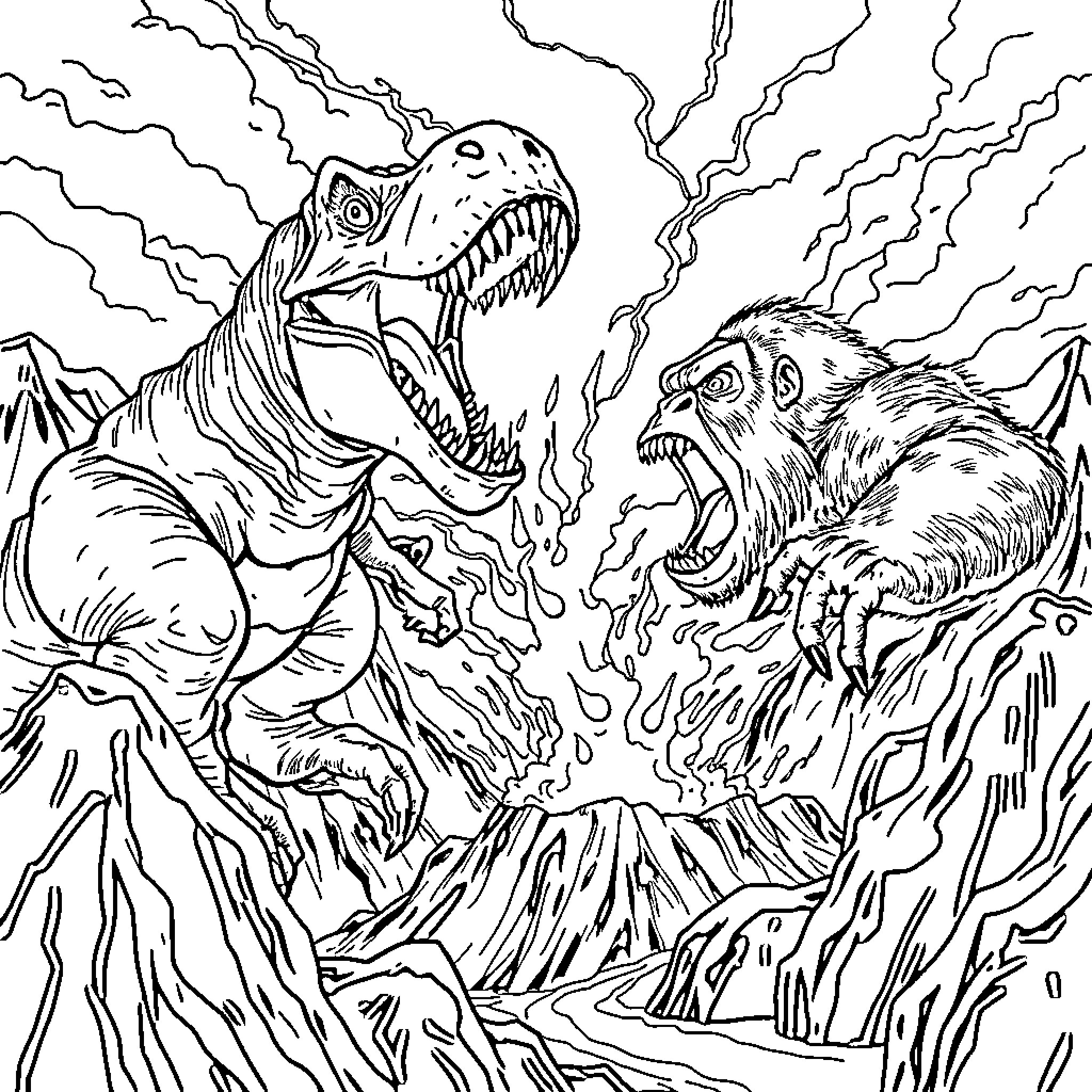 T-Rex battling with a ferocious beast in a rugged landscape Coloring Page (free black-and-white line drawing printable PDF for all, from beginners to advanced learners, including children, teens, adults, and seniors)