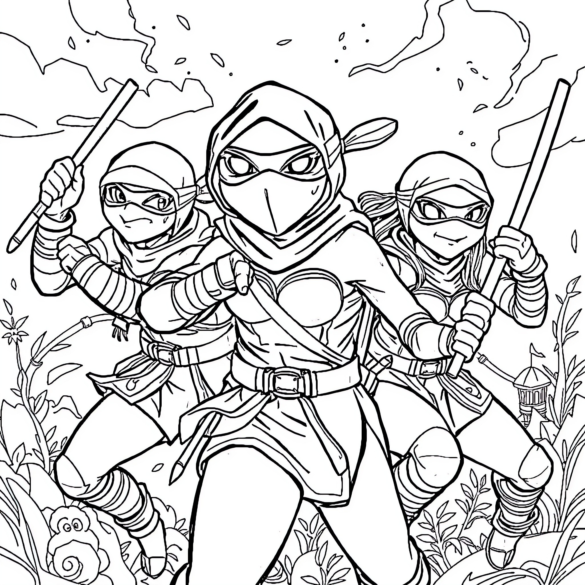 Ninja Turtles in action-packed adventure Coloring Page (free black-and-white line drawing printable PDF for all, from beginners to advanced learners, including children, teens, adults, and seniors)
