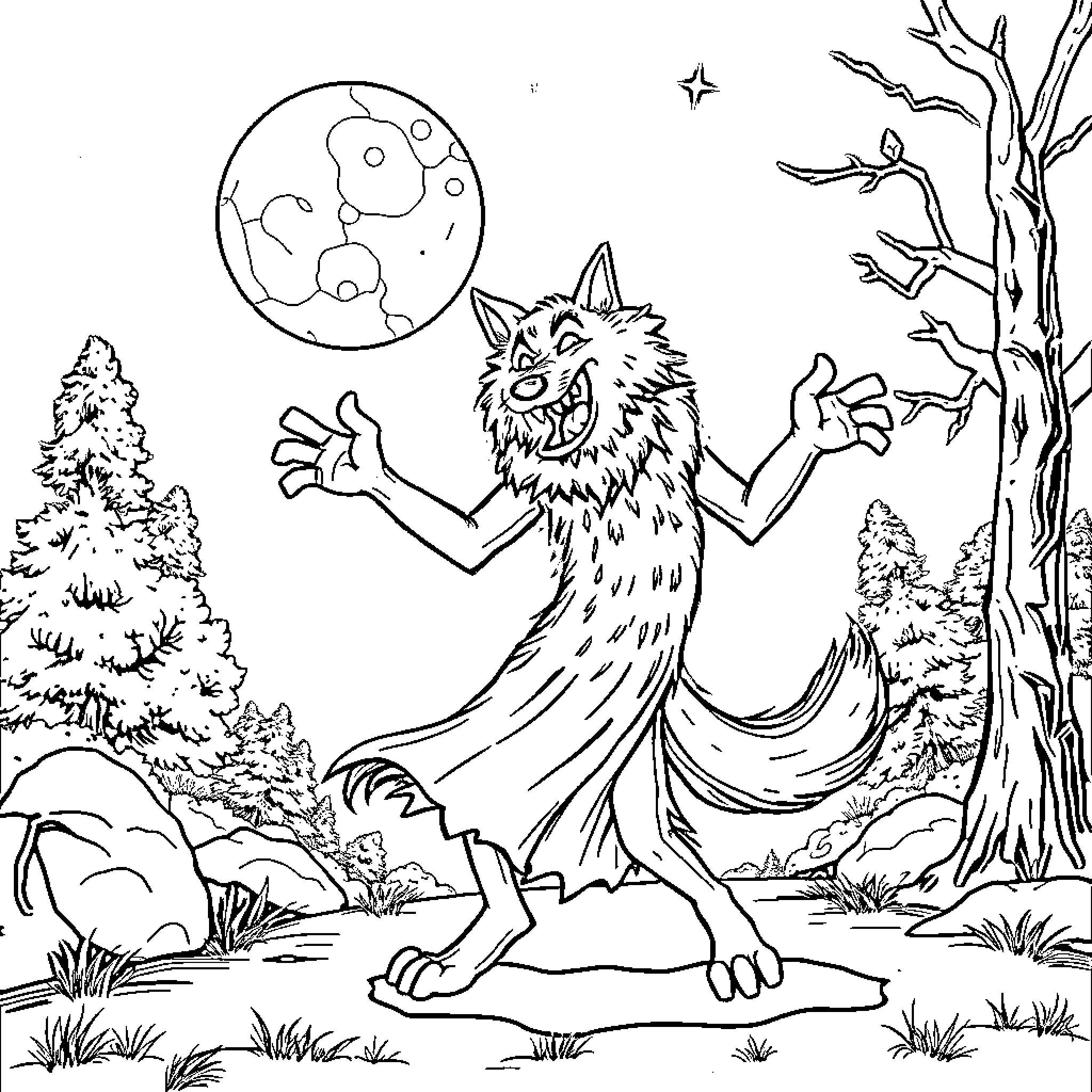 Bad Wolf howling under the Moon in the Woods Coloring Page (free black-and-white line drawing printable PDF for all, from beginners to advanced learners, including children, teens, adults, and seniors)
