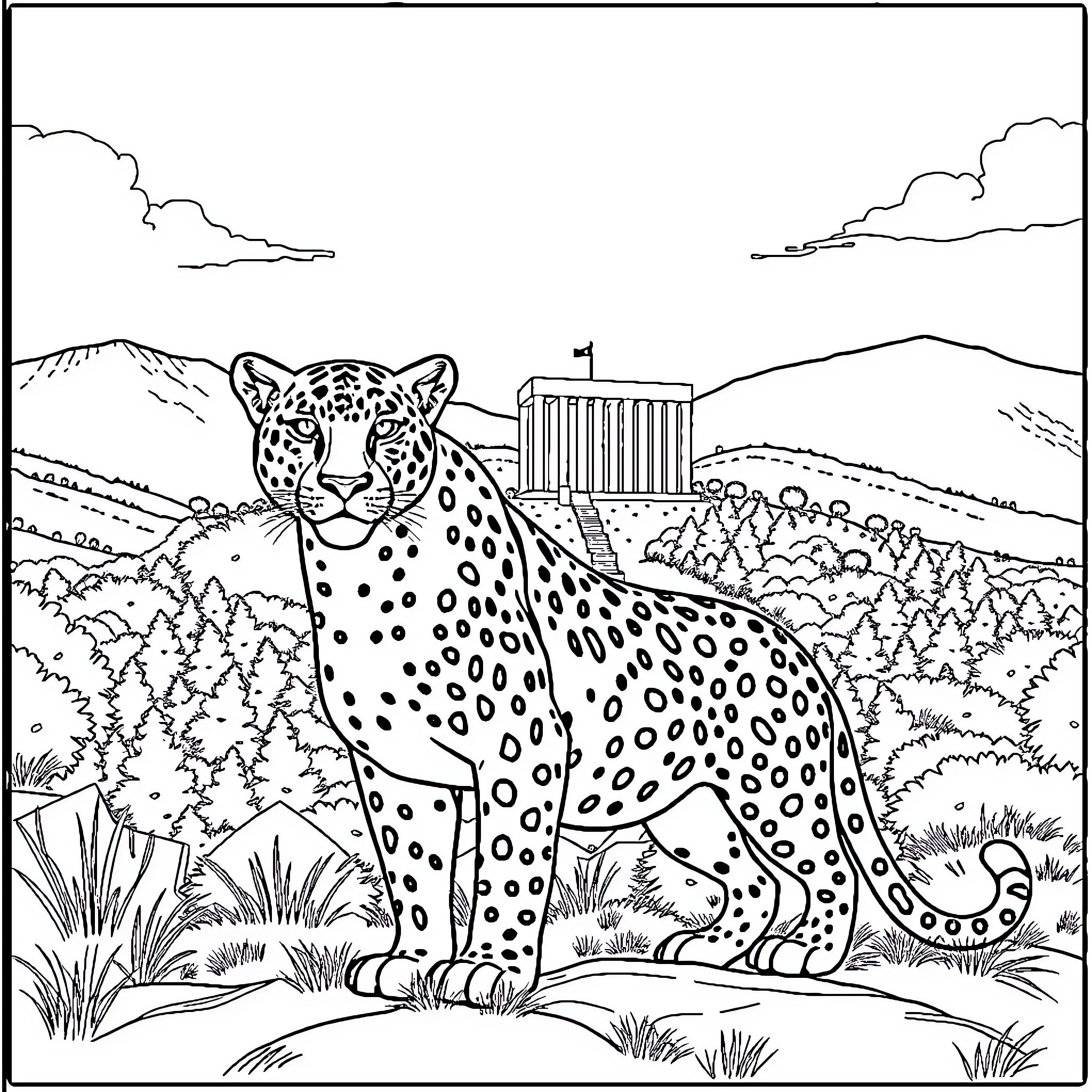 Jaguar staring intently in natural habitat Coloring Page (free black-and-white line drawing printable PDF for all, from beginners to advanced learners, including children, teens, adults, and seniors)