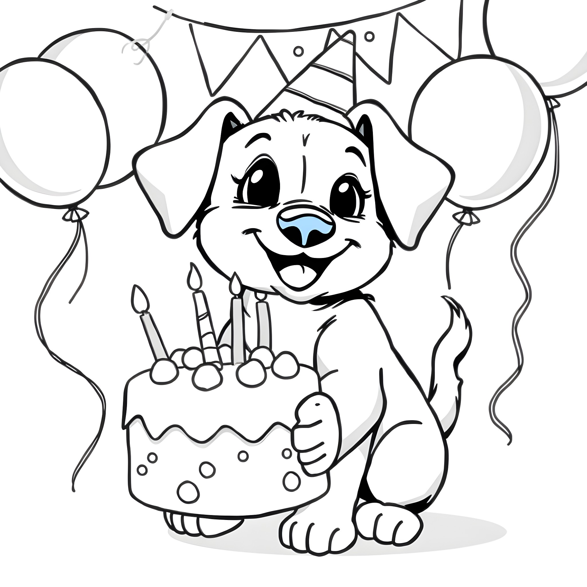 Bluey's Festive Birthday Celebration Coloring Page (free black-and-white line drawing printable PDF for all, from beginners to advanced learners, including children, teens, adults, and seniors)
