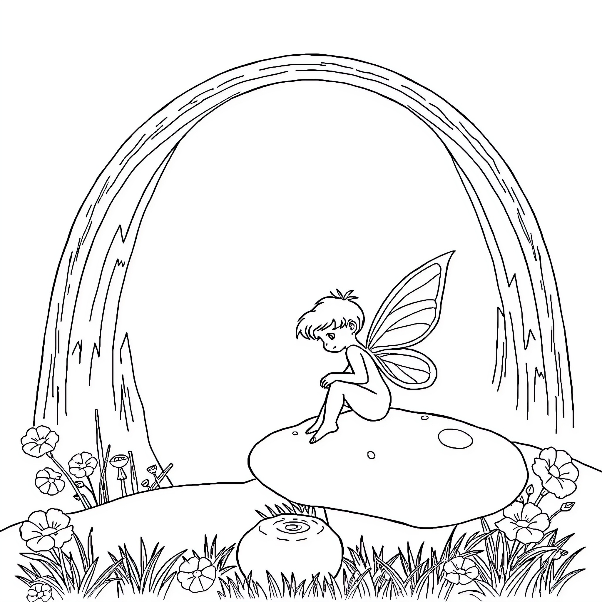 Fairy enjoying nature in a magical forest Coloring Page (free black-and-white line drawing printable PDF for all, from beginners to advanced learners, including children, teens, adults, and seniors)