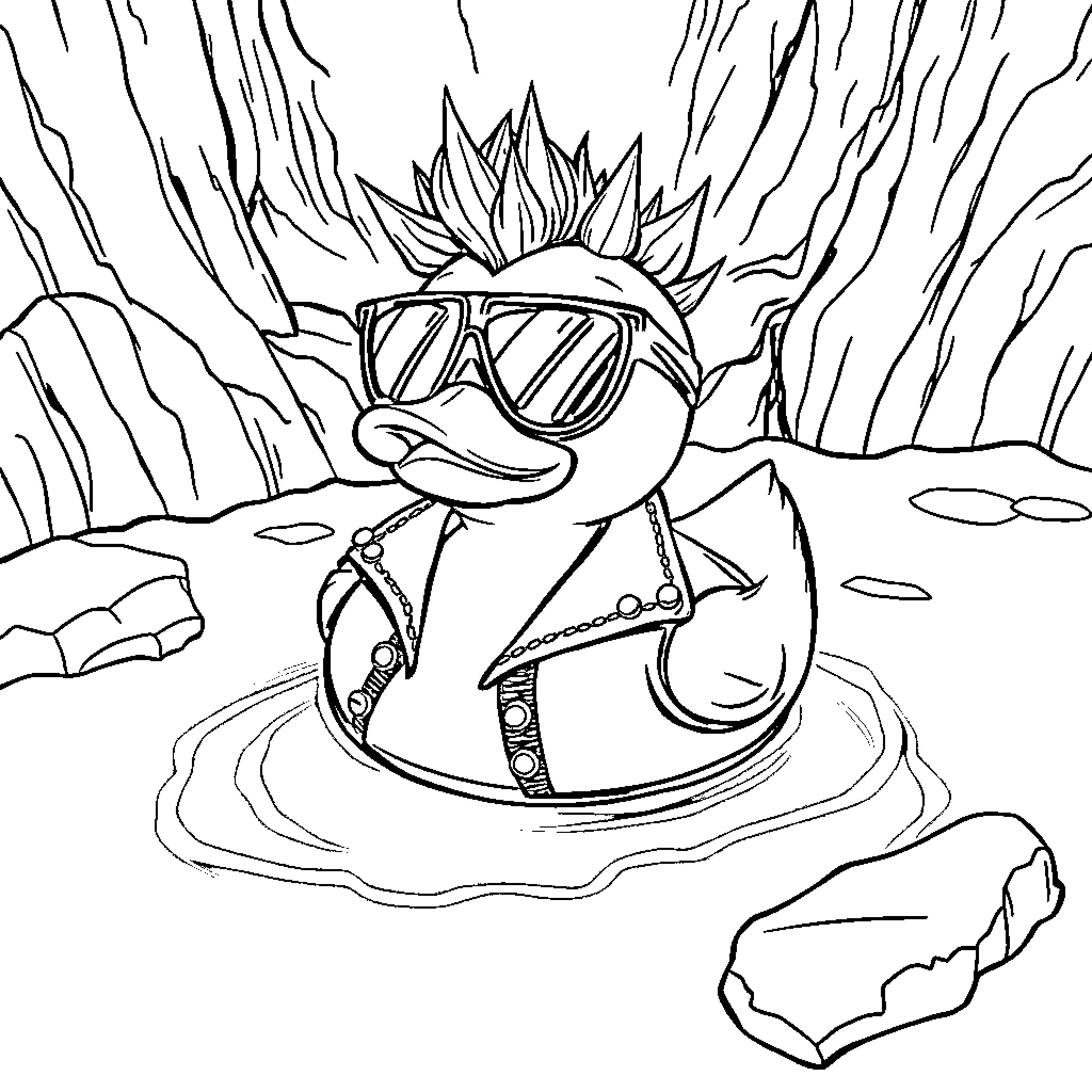 Rubber Ducky enjoying a summer adventure Coloring Page (free black-and-white line drawing printable PDF for all, from beginners to advanced learners, including children, teens, adults, and seniors)