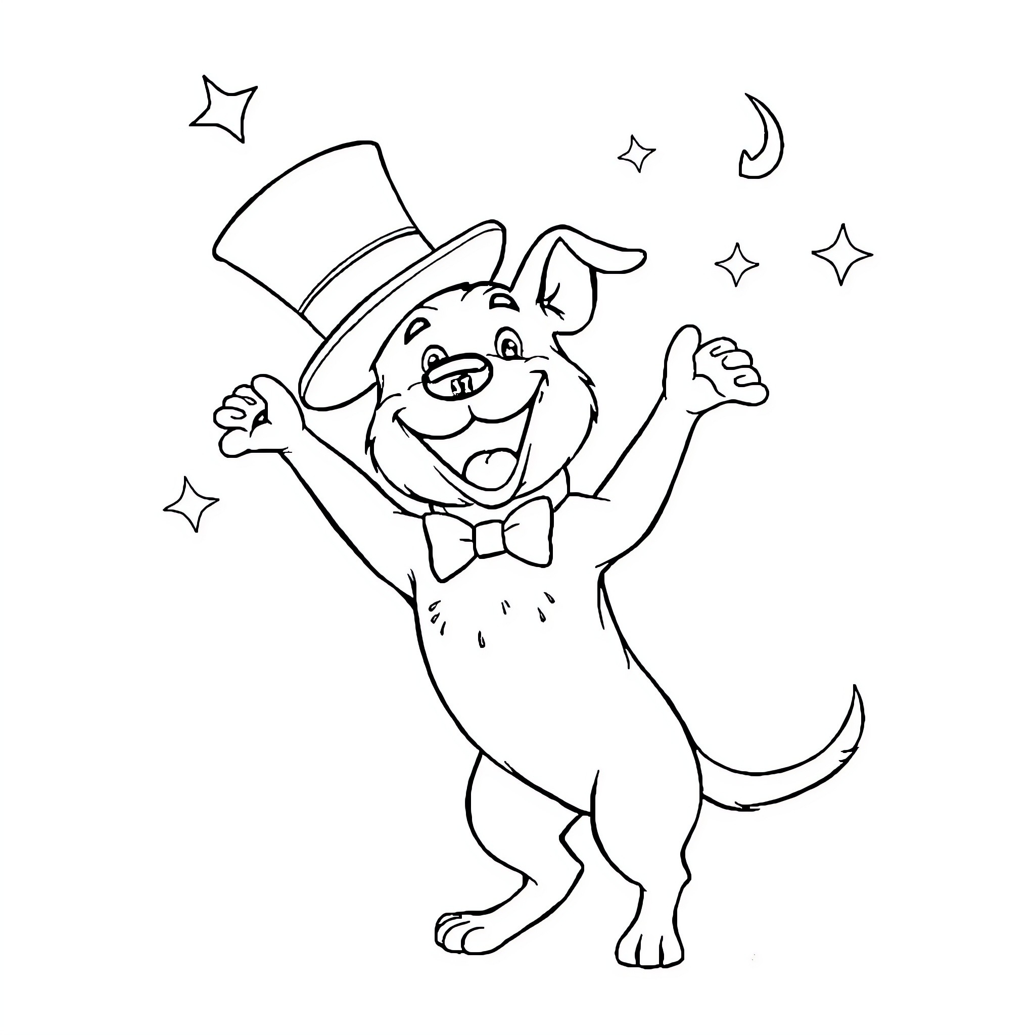Dog joyfully celebrating with top hat and bow tie Coloring Page (free black-and-white line drawing printable PDF for all, from beginners to advanced learners, including children, teens, adults, and seniors)