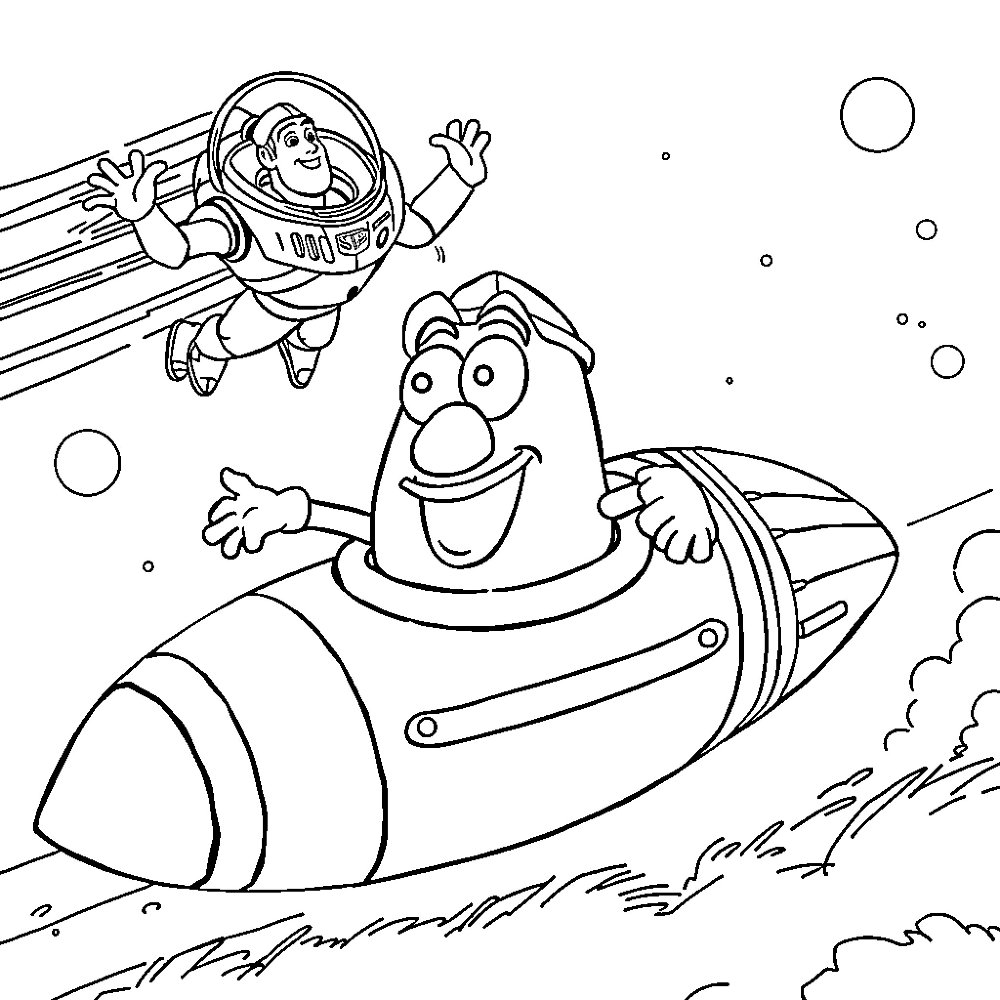 Potato Astronauts Riding Rockets in Outer Space Coloring Page (free black-and-white line drawing printable PDF for all, from beginners to advanced learners, including children, teens, adults, and seniors)