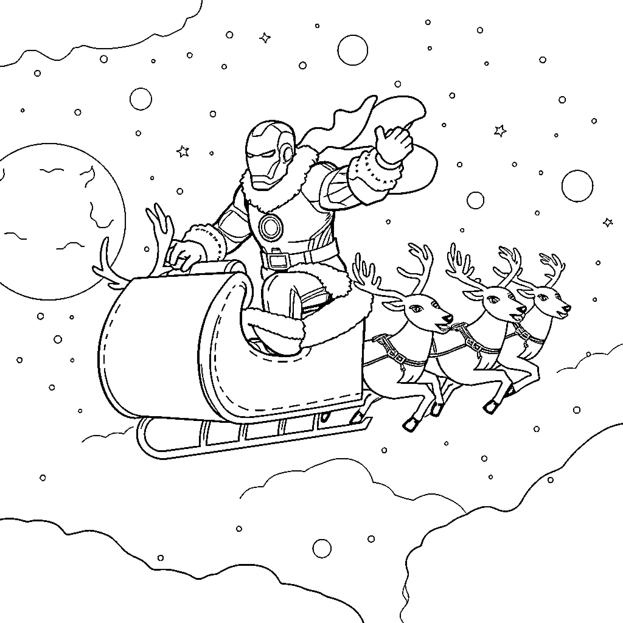 Ironman's winter sleigh ride with reindeer Coloring Page (free black-and-white line drawing printable PDF for all, from beginners to advanced learners, including children, teens, adults, and seniors)