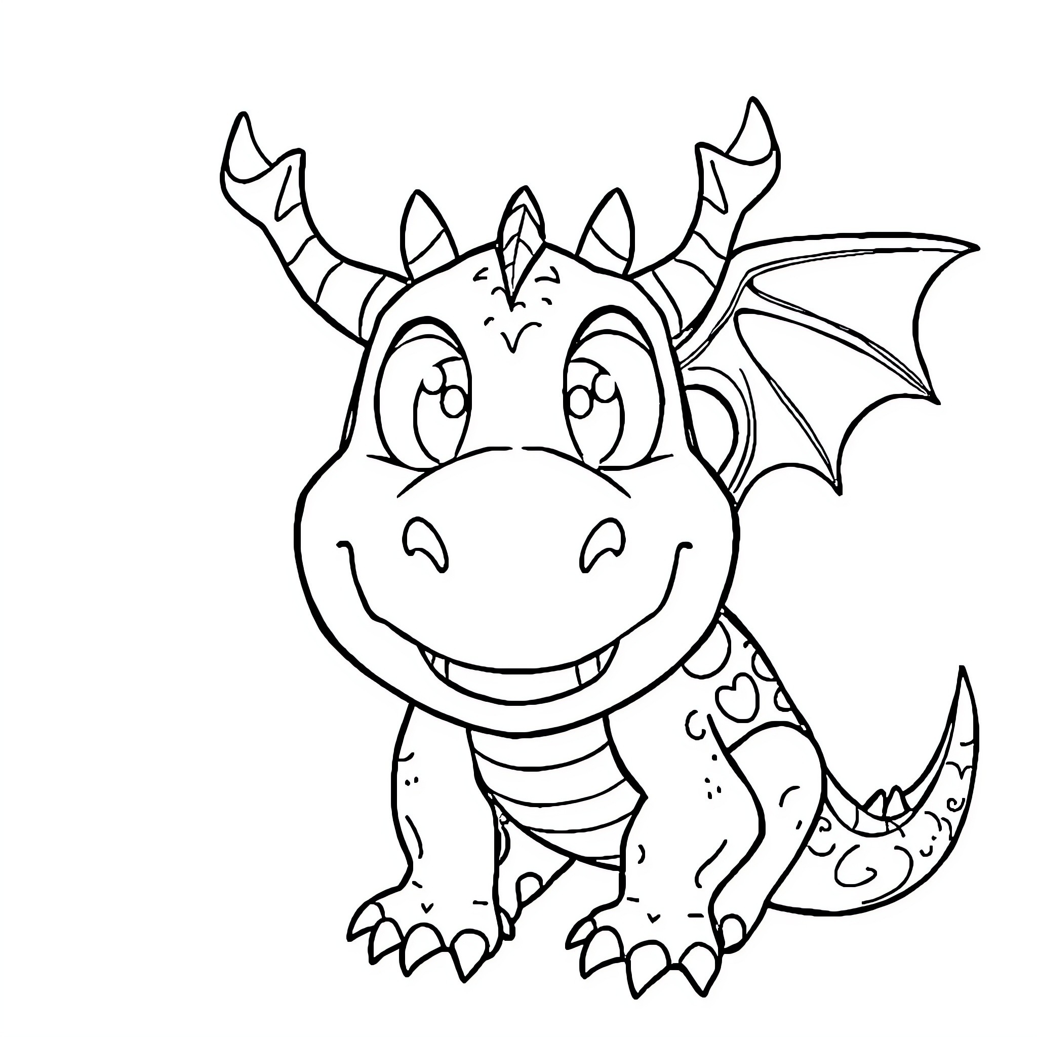 Dragon smiling and showing its wings Coloring Page (free black-and-white line drawing printable PDF for all, from beginners to advanced learners, including children, teens, adults, and seniors)