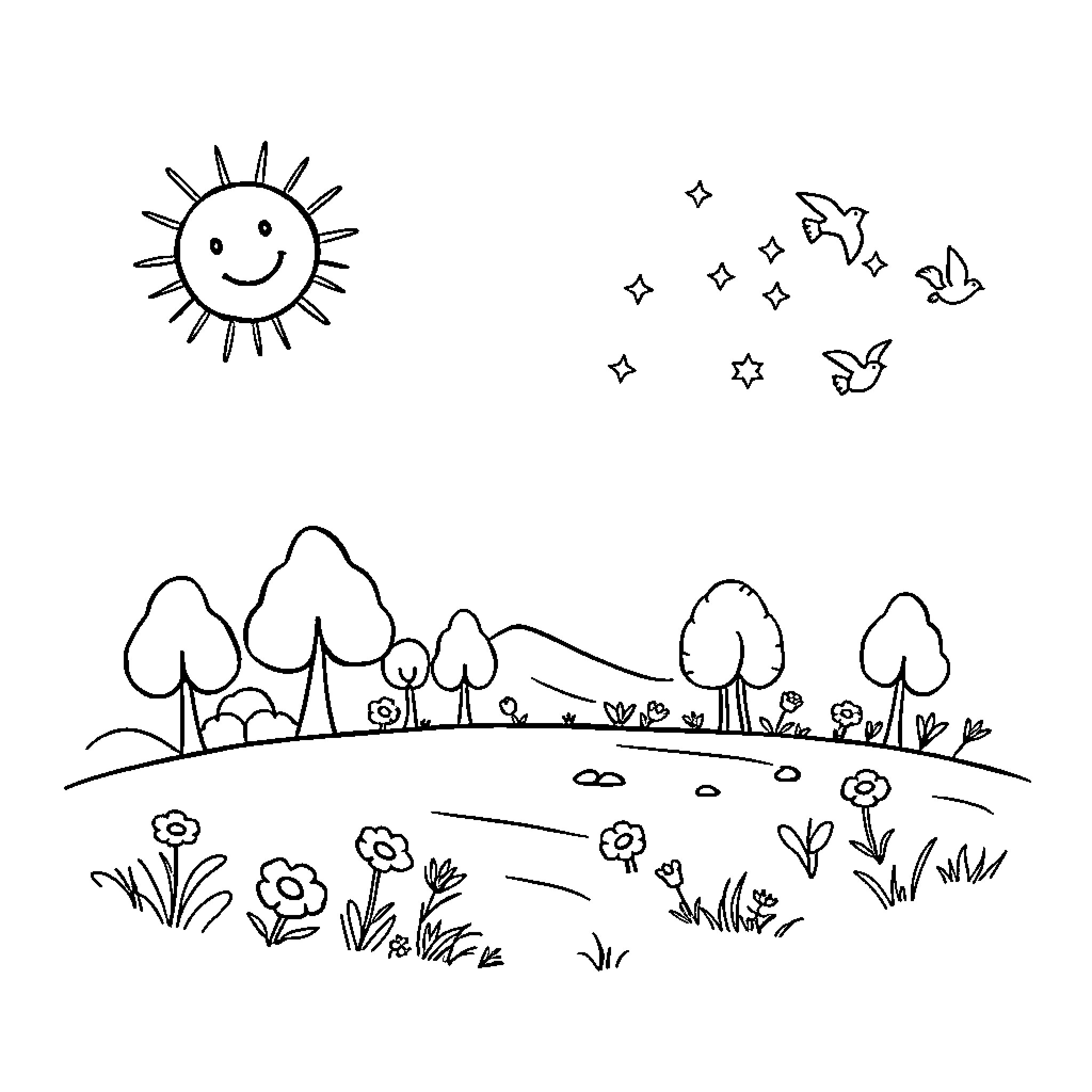 Book of Nature's Charm: Outdoor Landscapes and Whimsical Creatures Coloring Page (free black-and-white line drawing printable PDF for all, from beginners to advanced learners, including children, teens, adults, and seniors)