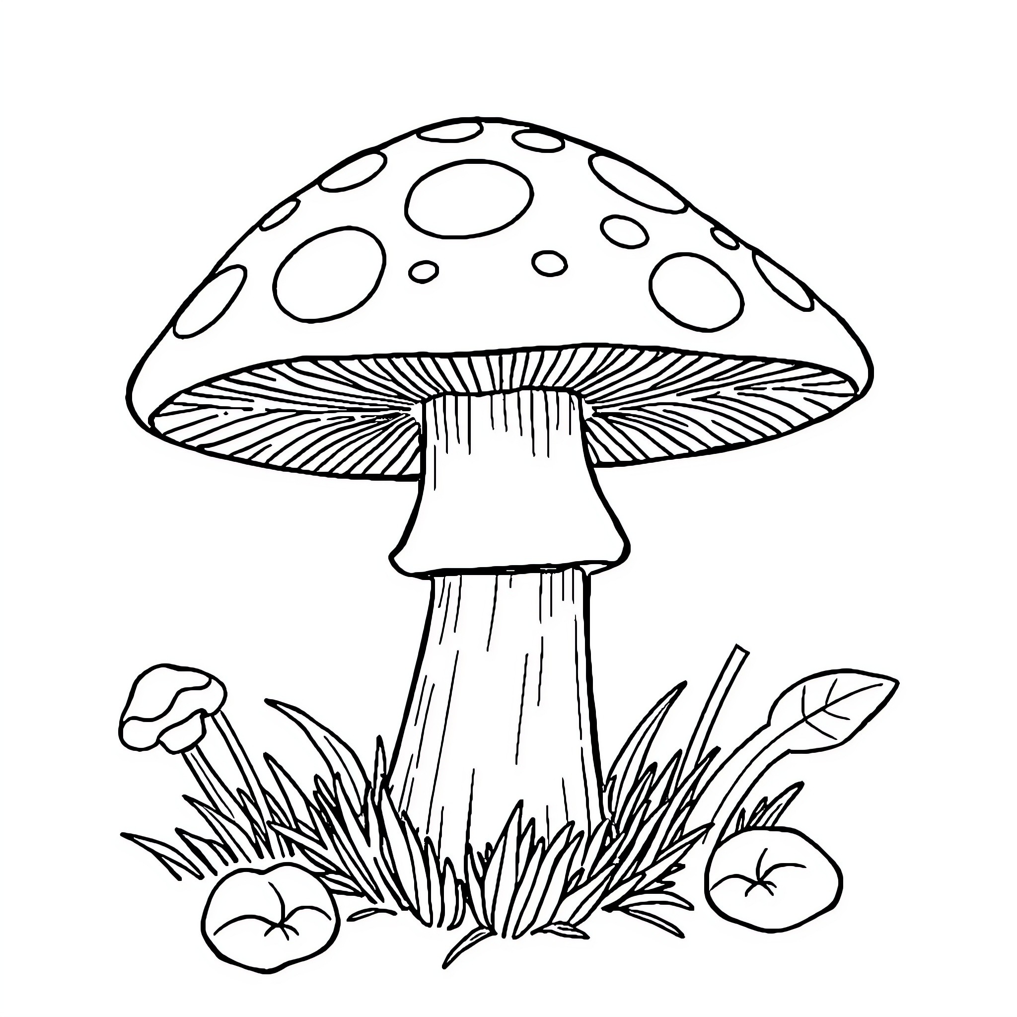 Mushroom Growing in the Grass Coloring Page (free black-and-white line drawing printable PDF for all, from beginners to advanced learners, including children, teens, adults, and seniors)