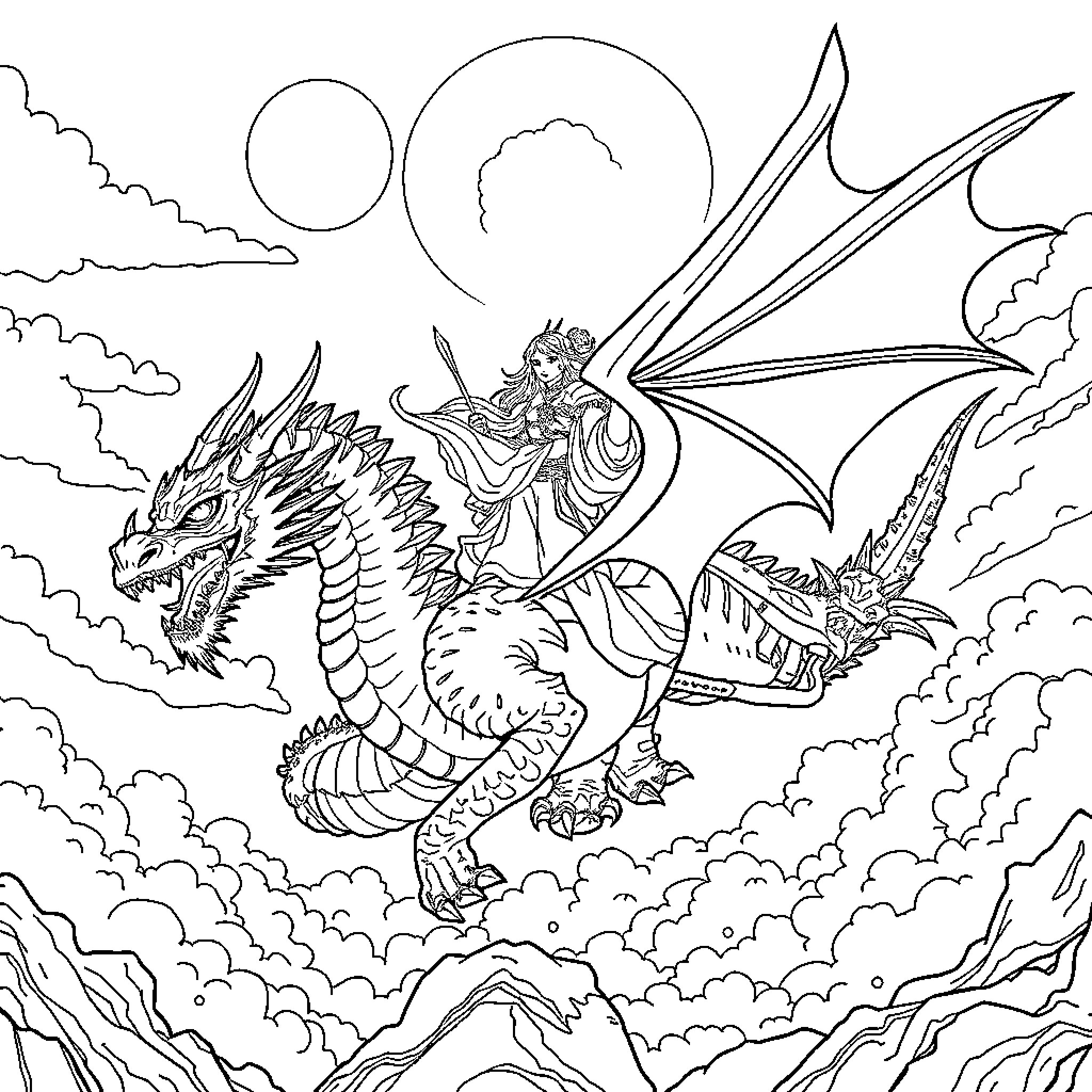 Kpop Demon Hunter Riding a Fierce Dragon in the Sky Coloring Page (free black-and-white line drawing printable PDF for all, from beginners to advanced learners, including children, teens, adults, and seniors)