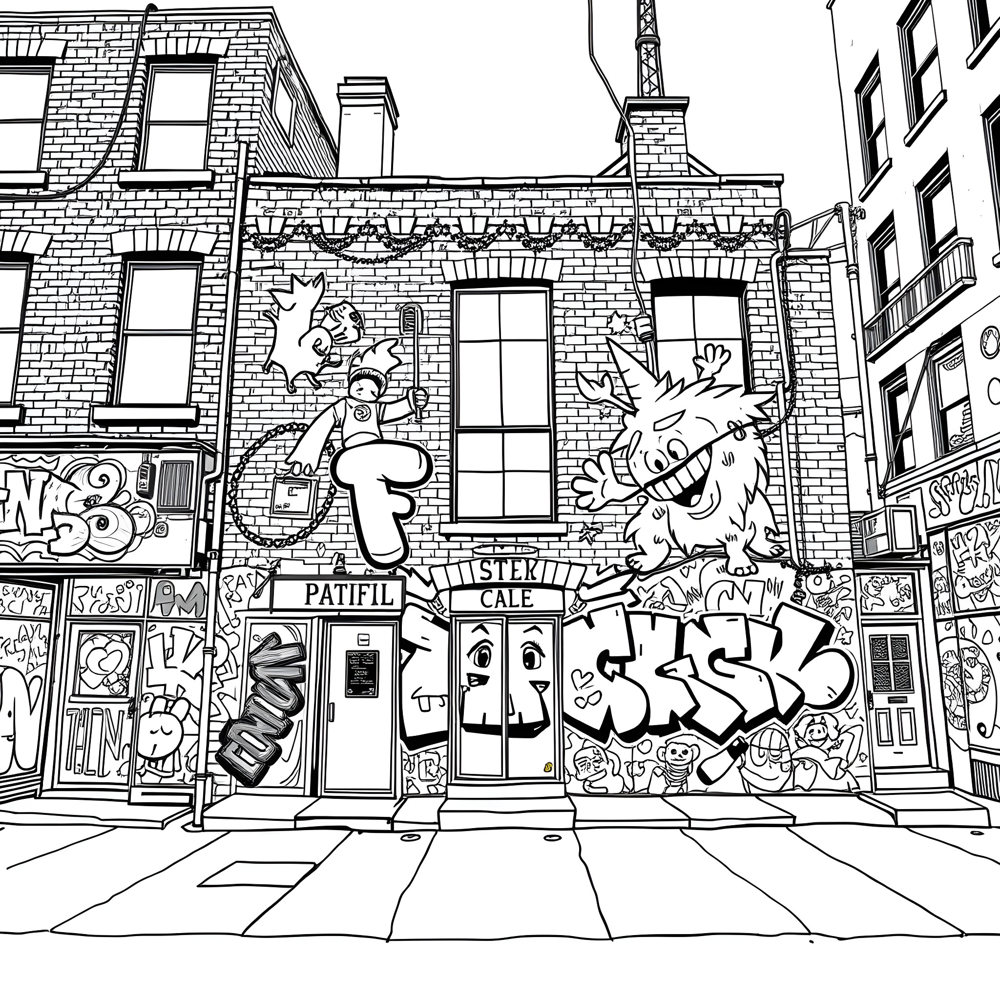 Building with Vibrant Graffiti and Artwork Coloring Page (free black-and-white line drawing printable PDF for all, from beginners to advanced learners, including children, teens, adults, and seniors)