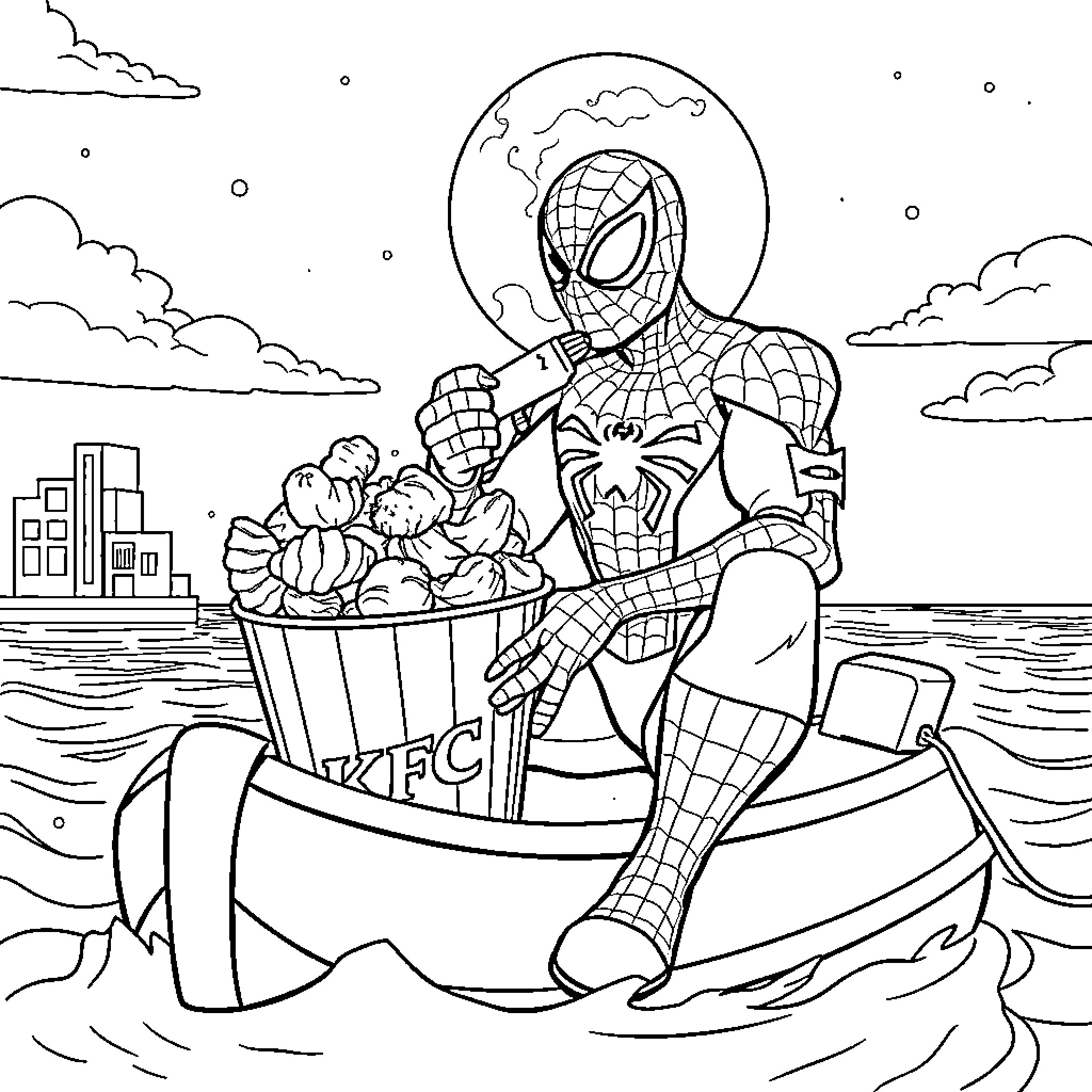 Spiderman transporting snacks in a boat Coloring Page (free black-and-white line drawing printable PDF for all, from beginners to advanced learners, including children, teens, adults, and seniors)