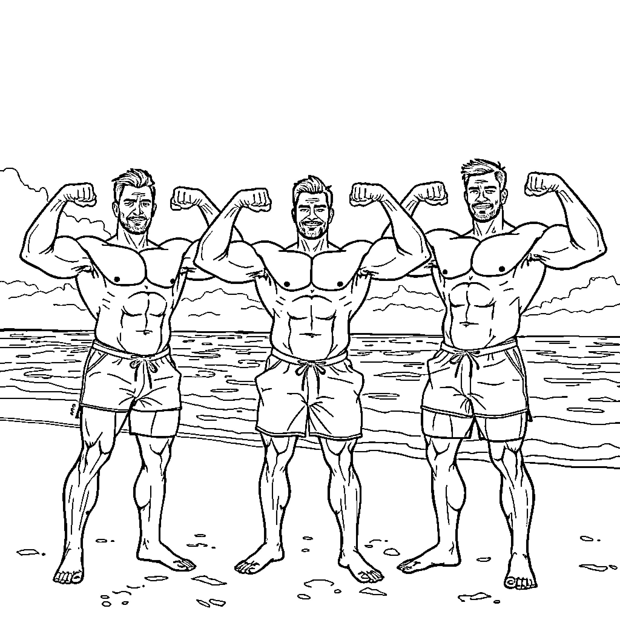 Bodybuilders flexing their muscles on the beach Coloring Page (free black-and-white line drawing printable PDF for all, from beginners to advanced learners, including children, teens, adults, and seniors)
