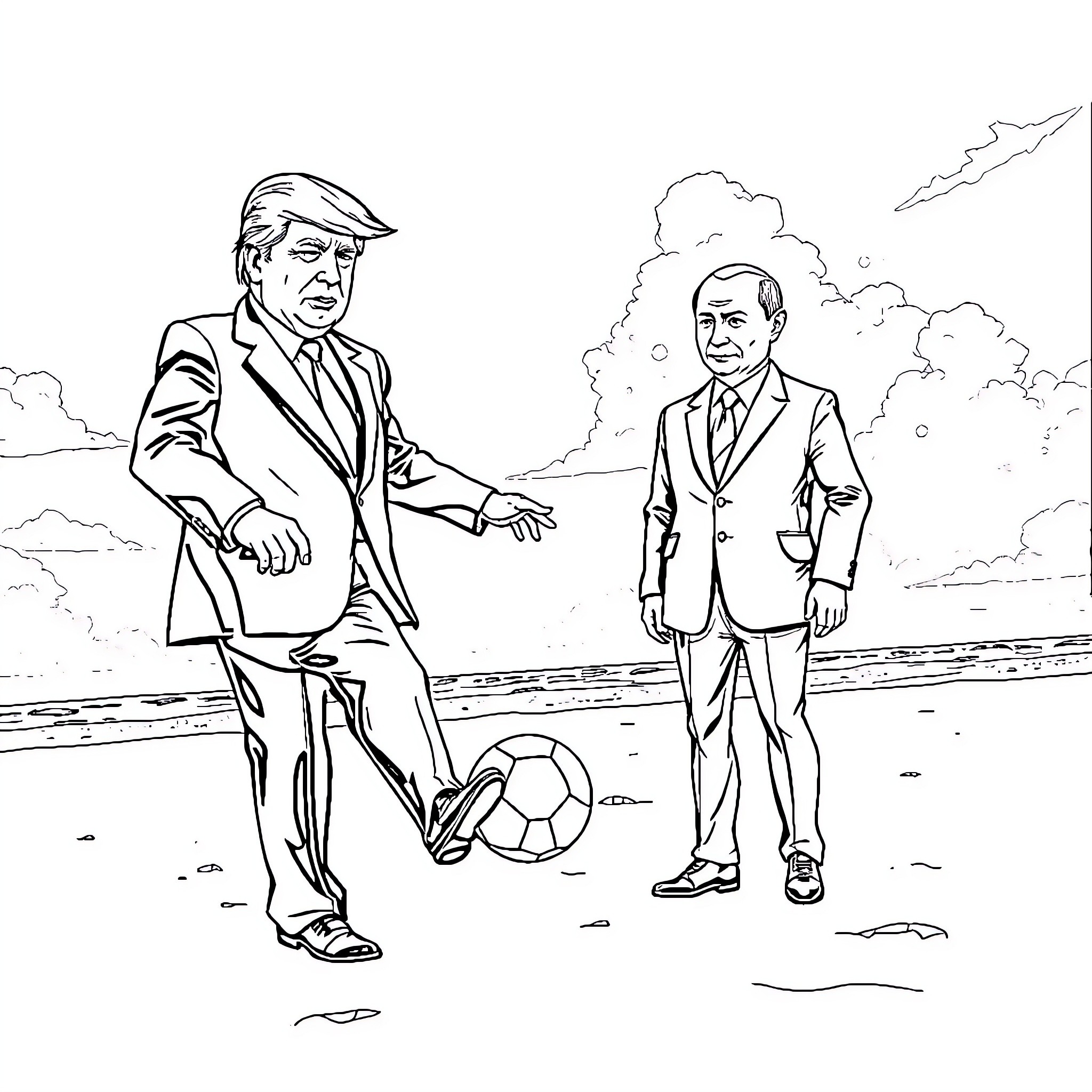 Donald Trump Playing Soccer with Vladimir Putin Coloring Page (free black-and-white line drawing printable PDF for all, from beginners to advanced learners, including children, teens, adults, and seniors)