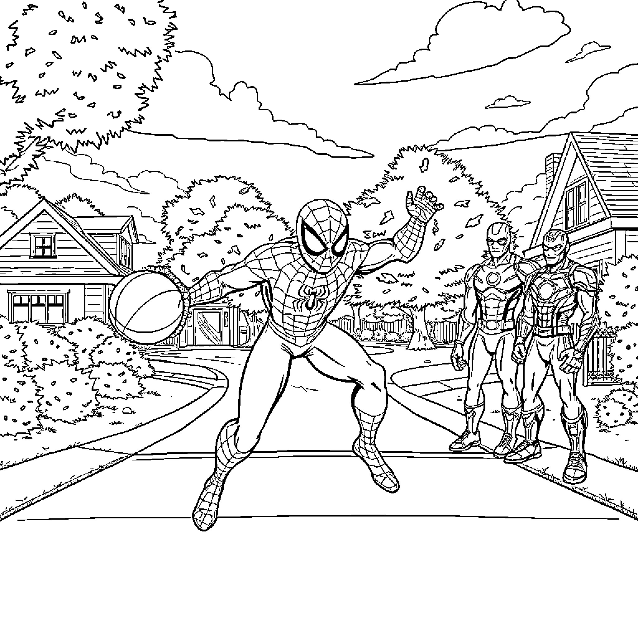 Spider-Man in action with superhero companions Coloring Page (free black-and-white line drawing printable PDF for all, from beginners to advanced learners, including children, teens, adults, and seniors)