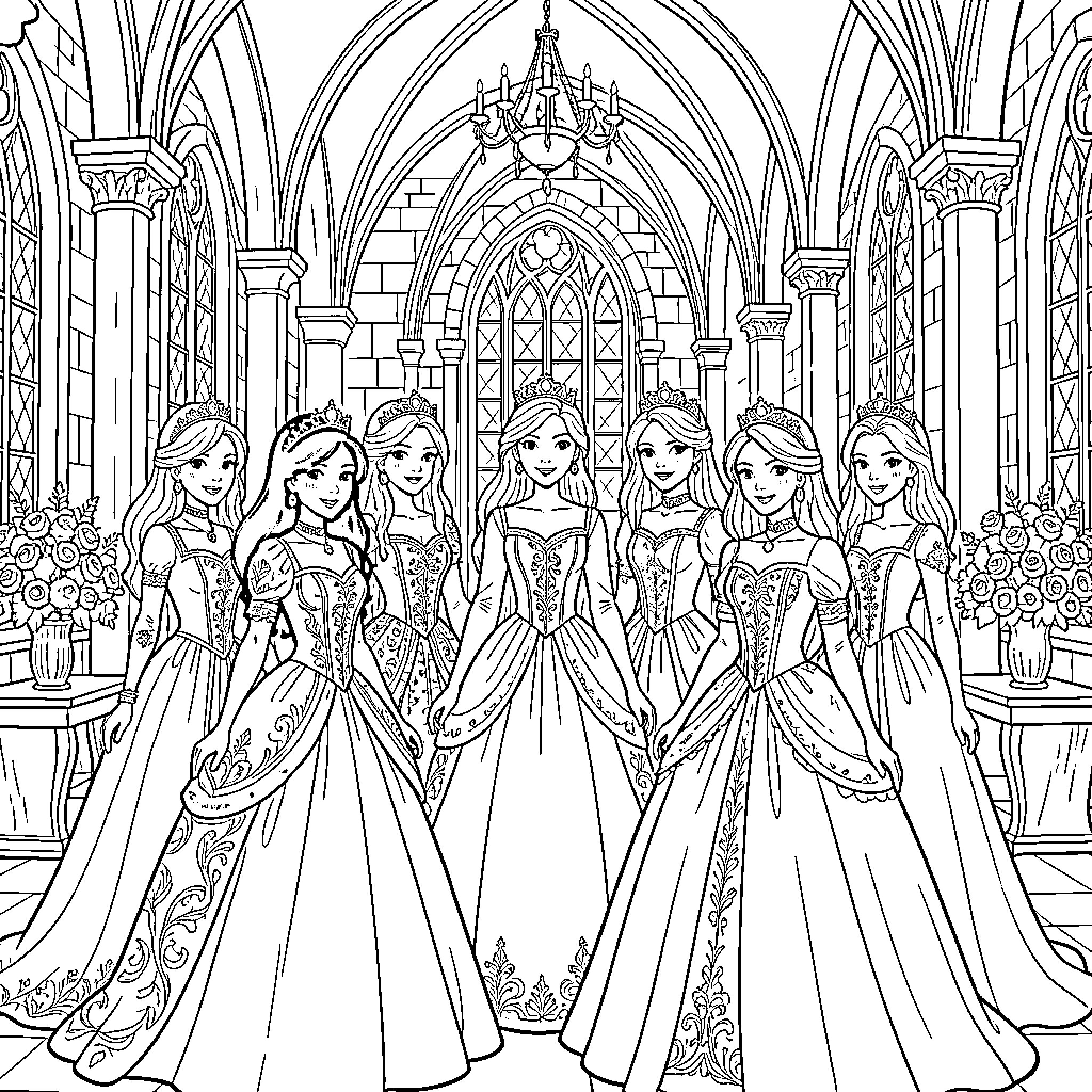 Princesses wearing elegant gowns in a grand palace hall Coloring Page (free black-and-white line drawing printable PDF for all, from beginners to advanced learners, including children, teens, adults, and seniors)