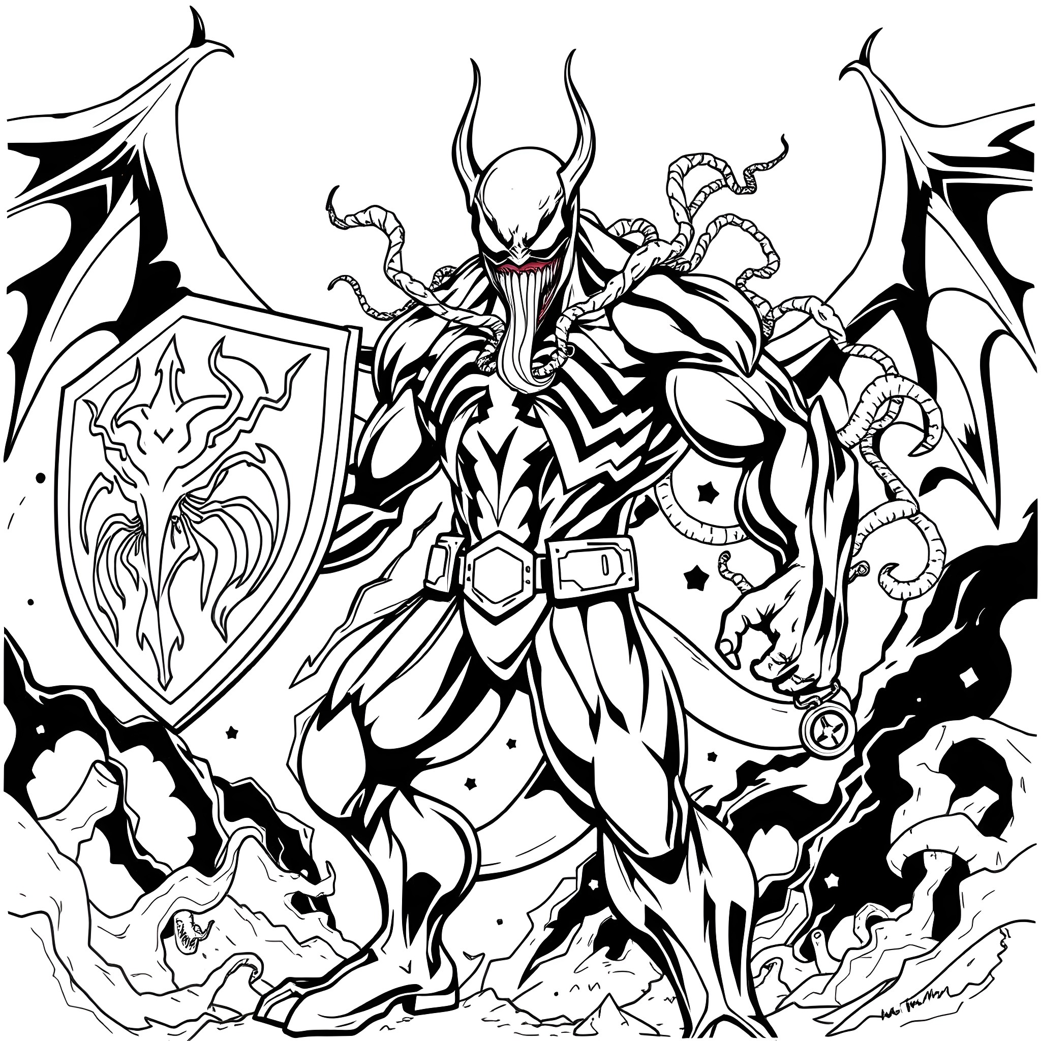 Captain Venom's Fearsome Transformation Coloring Page (free black-and-white line drawing printable PDF for all, from beginners to advanced learners, including children, teens, adults, and seniors)