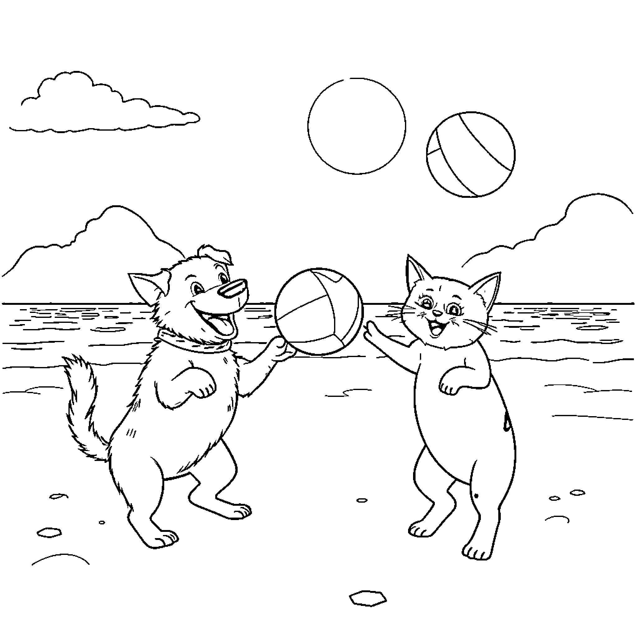 Dog and cat playing with beach ball on the shore Coloring Page (free black-and-white line drawing printable PDF for all, from beginners to advanced learners, including children, teens, adults, and seniors)