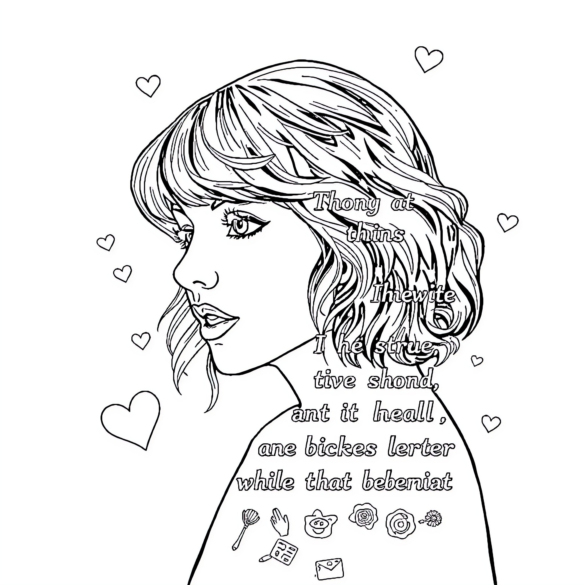 Taylor Swift's Thoughtful Portrait with Inspirational Text Coloring Page (free black-and-white line drawing printable PDF for all, from beginners to advanced learners, including children, teens, adults, and seniors)