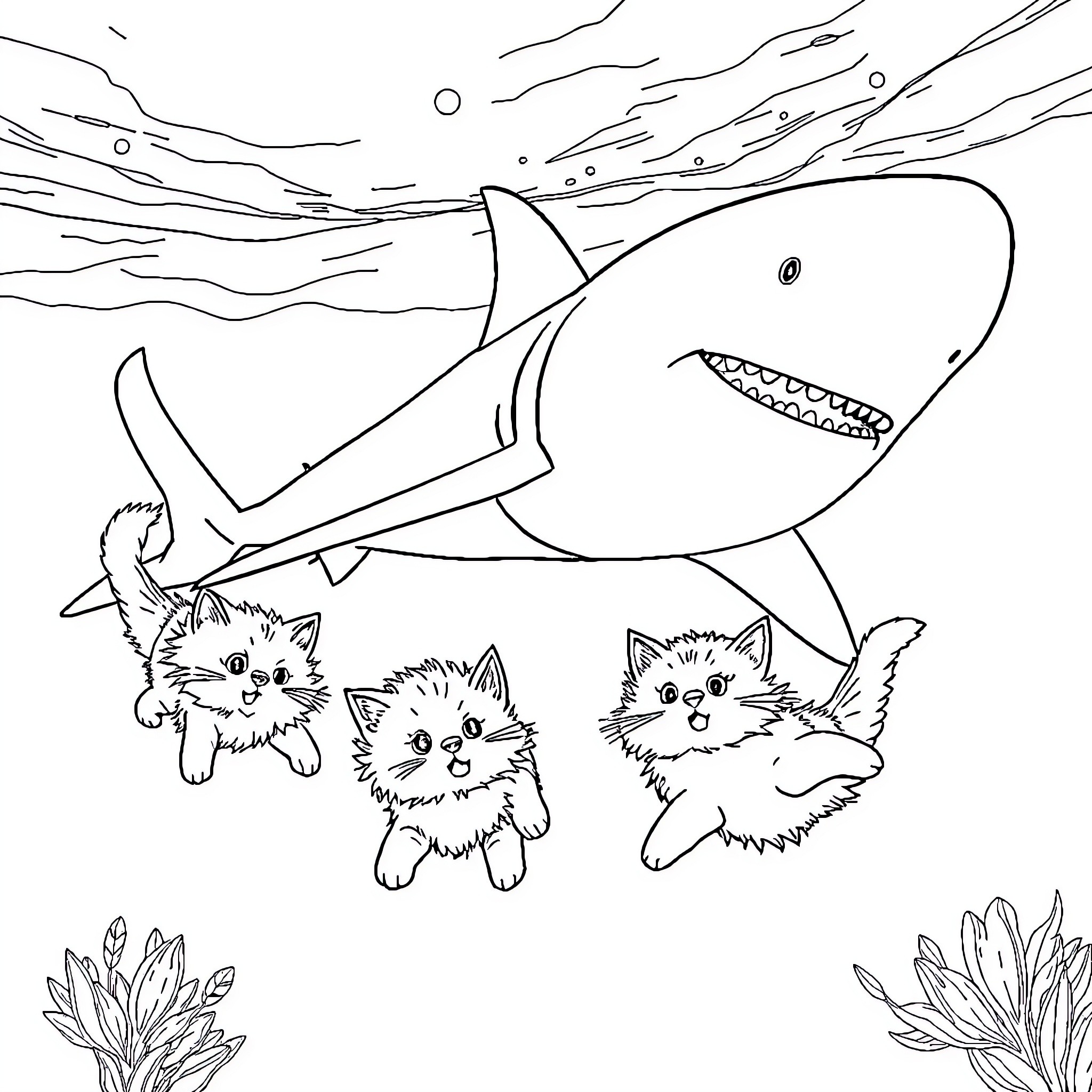 Cat and kittens encounter a large shark Coloring Page (free black-and-white line drawing printable PDF for all, from beginners to advanced learners, including children, teens, adults, and seniors)