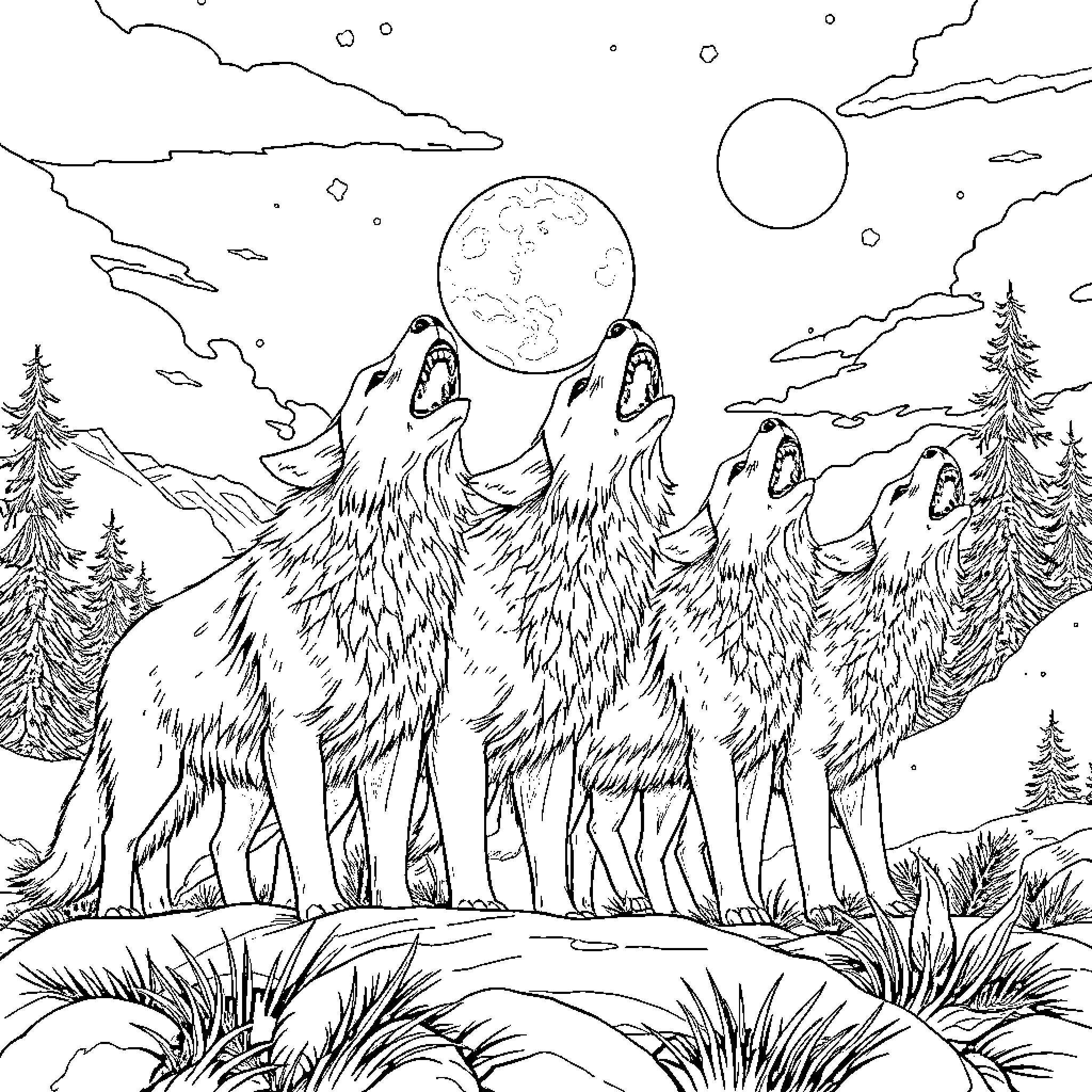 Wolf Pack Howling at the Moon Coloring Page (free black-and-white line drawing printable PDF for all, from beginners to advanced learners, including children, teens, adults, and seniors)