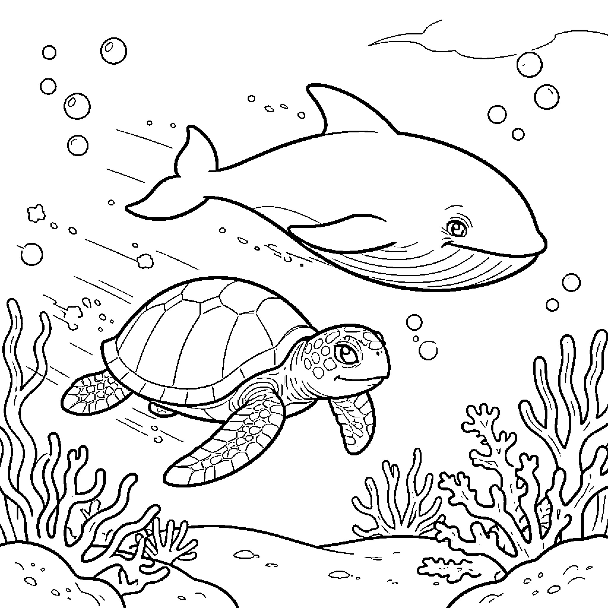 Sea Turtle swimming alongside a happy whale underwater Coloring Page (free black-and-white line drawing printable PDF for all, from beginners to advanced learners, including children, teens, adults, and seniors)