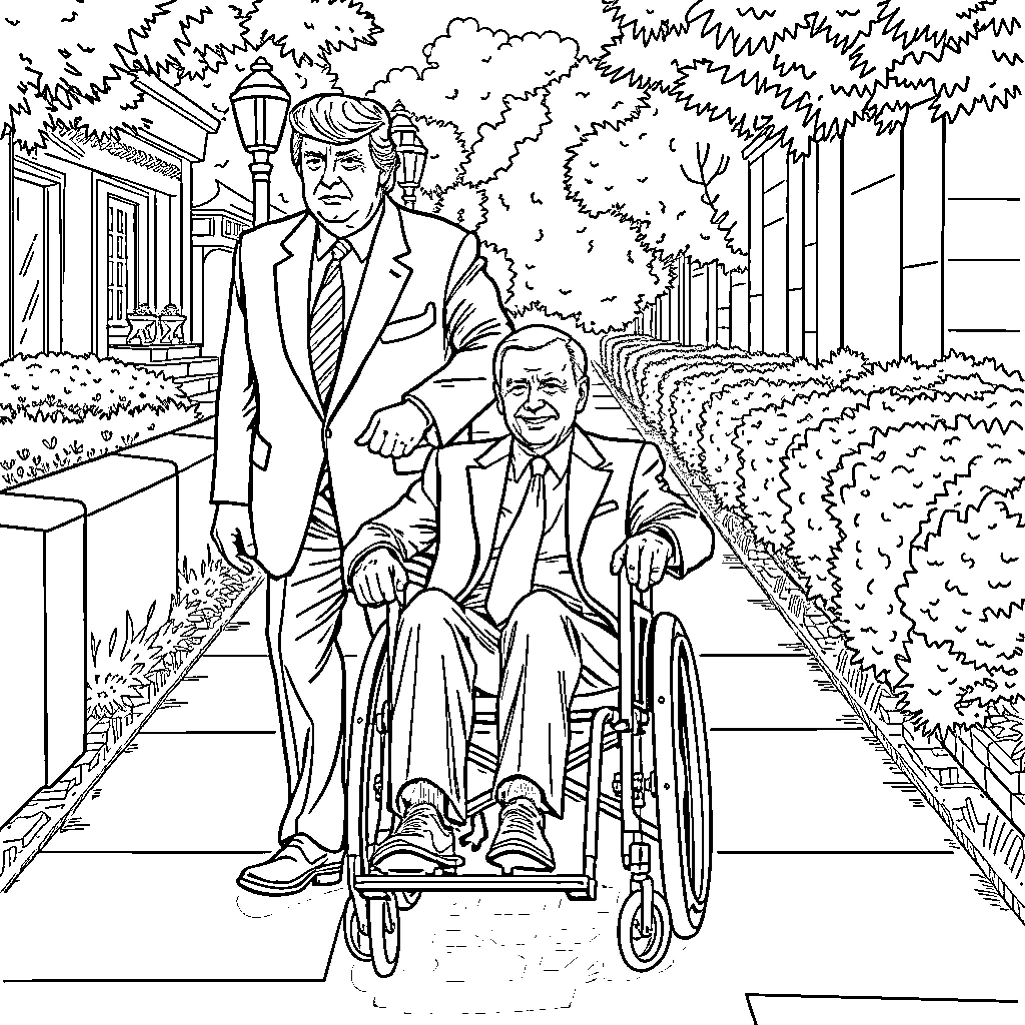 Trump walking with elderly man in wheelchair on path Coloring Page (free black-and-white line drawing printable PDF for all, from beginners to advanced learners, including children, teens, adults, and seniors)