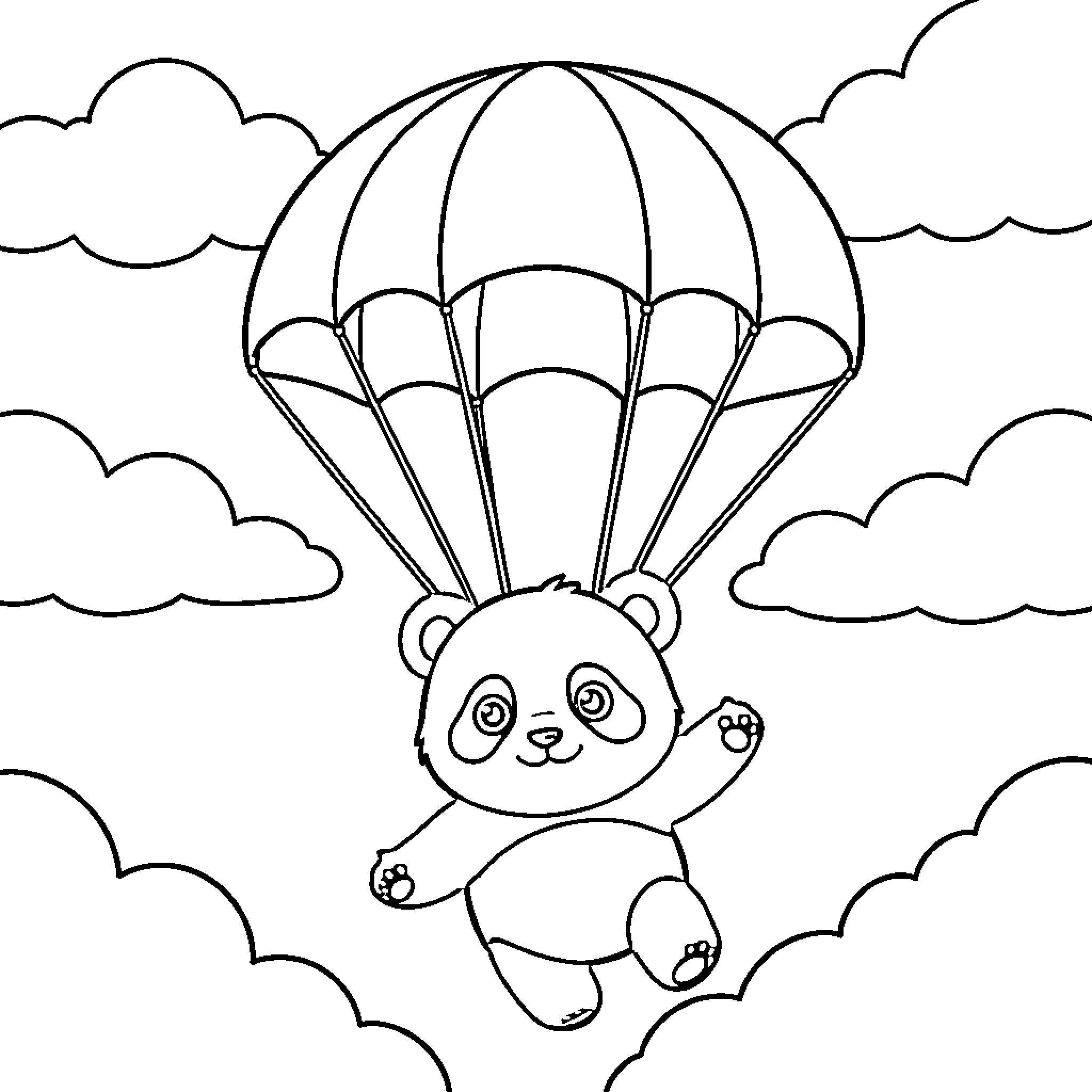 Panda skydiving happily through the clouds Coloring Page (free black-and-white line drawing printable PDF for all, from beginners to advanced learners, including children, teens, adults, and seniors)