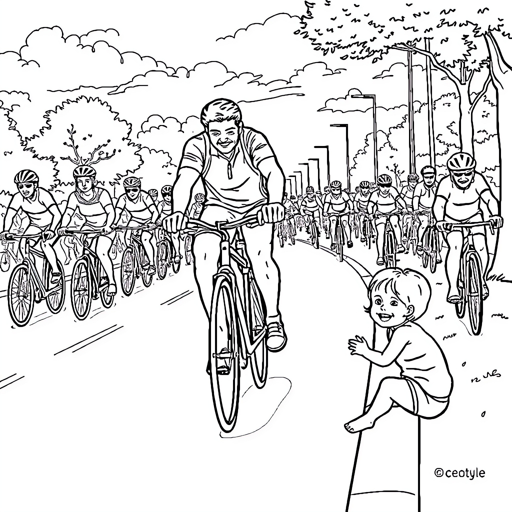 Man cycling amidst group of cyclists on road Coloring Page (free black-and-white line drawing printable PDF for all, from beginners to advanced learners, including children, teens, adults, and seniors)