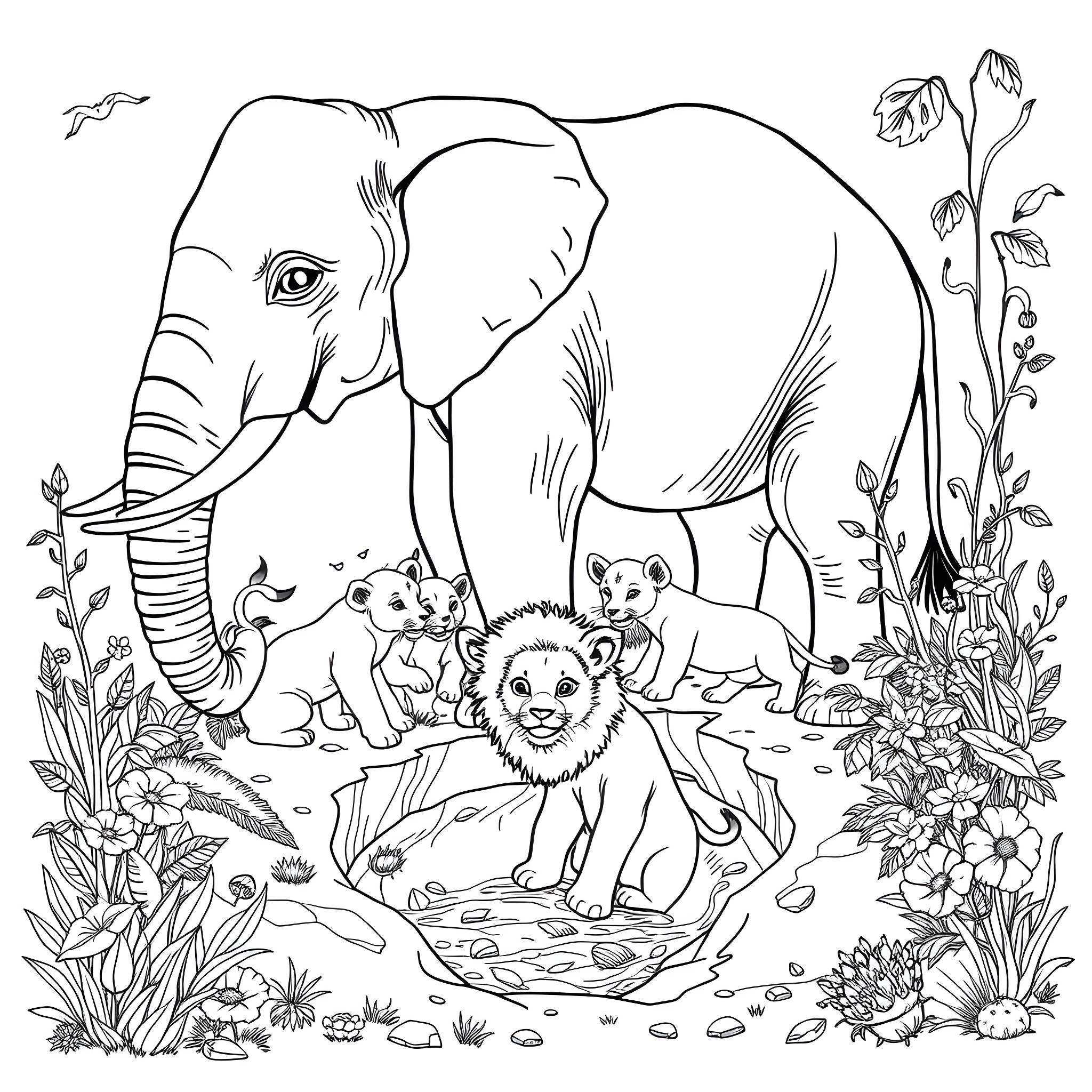 Elephant and family surrounded by nature Coloring Page (free black-and-white line drawing printable PDF for all, from beginners to advanced learners, including children, teens, adults, and seniors)