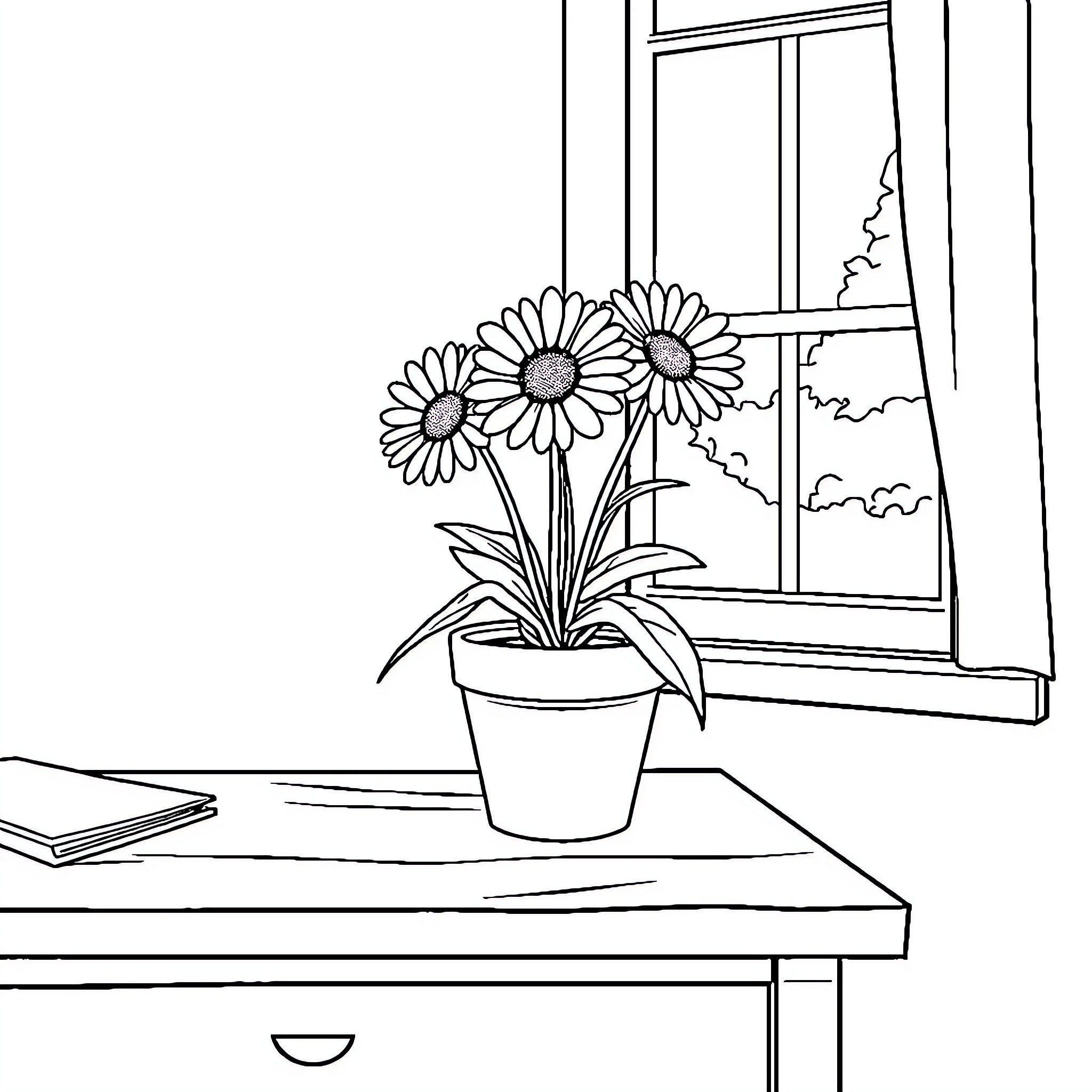 Daisy Flowers Blooming in Windowsill Coloring Page (free black-and-white line drawing printable PDF for all, from beginners to advanced learners, including children, teens, adults, and seniors)