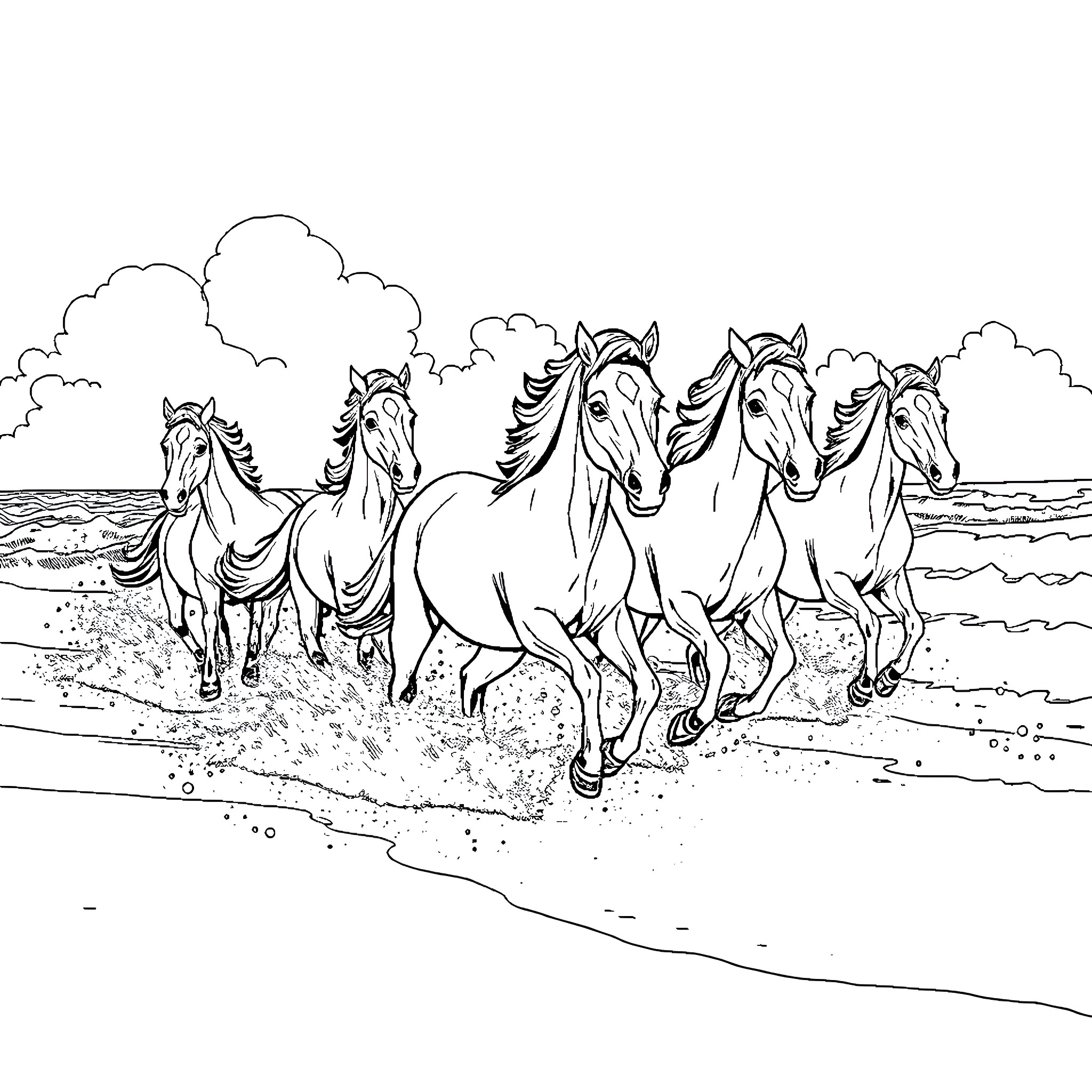 Horse herd galloping through the countryside Coloring Page (free black-and-white line drawing printable PDF for all, from beginners to advanced learners, including children, teens, adults, and seniors)