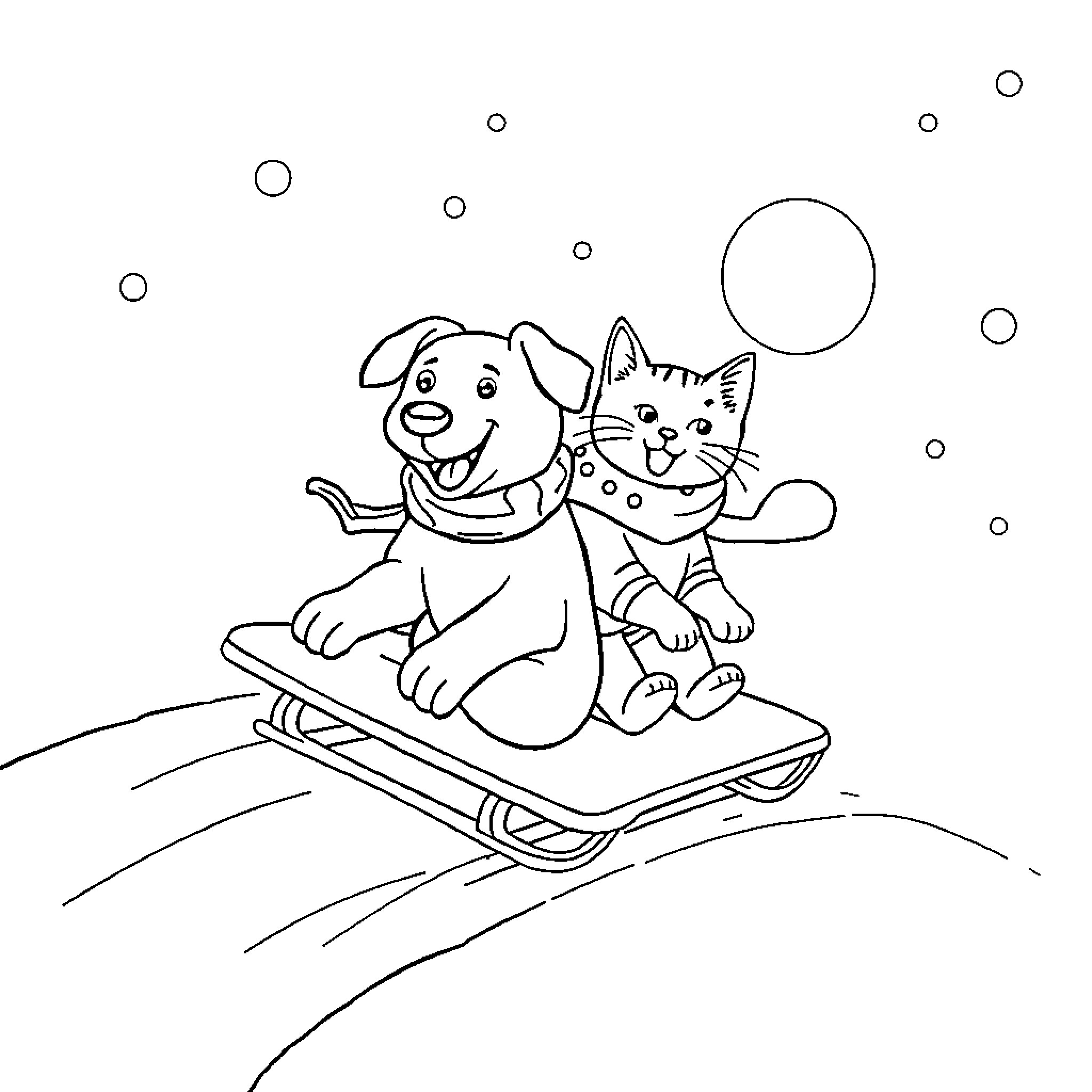 Dog and cat riding a sled in winter landscape Coloring Page (free black-and-white line drawing printable PDF for all, from beginners to advanced learners, including children, teens, adults, and seniors)