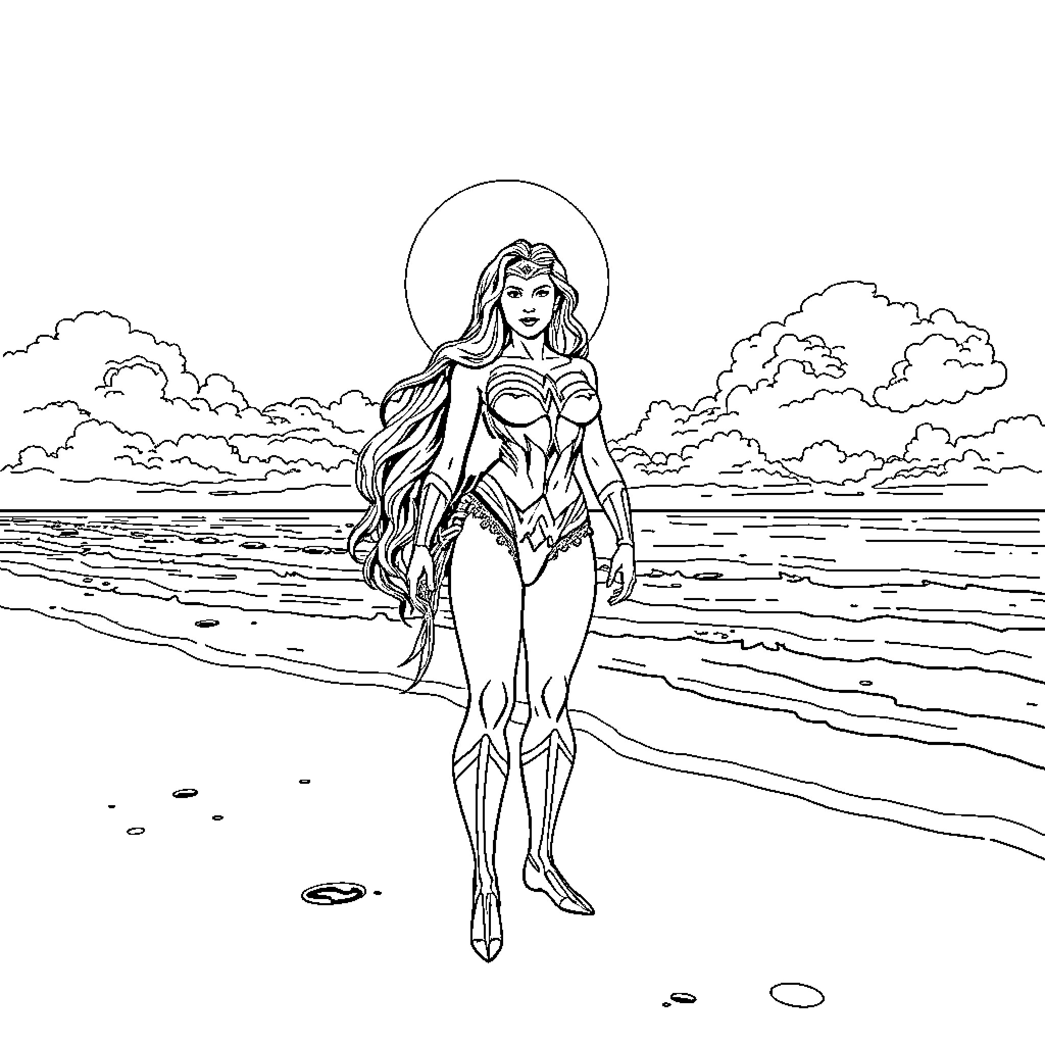 Wonder Woman standing tall on the beach Coloring Page (free black-and-white line drawing printable PDF for all, from beginners to advanced learners, including children, teens, adults, and seniors)