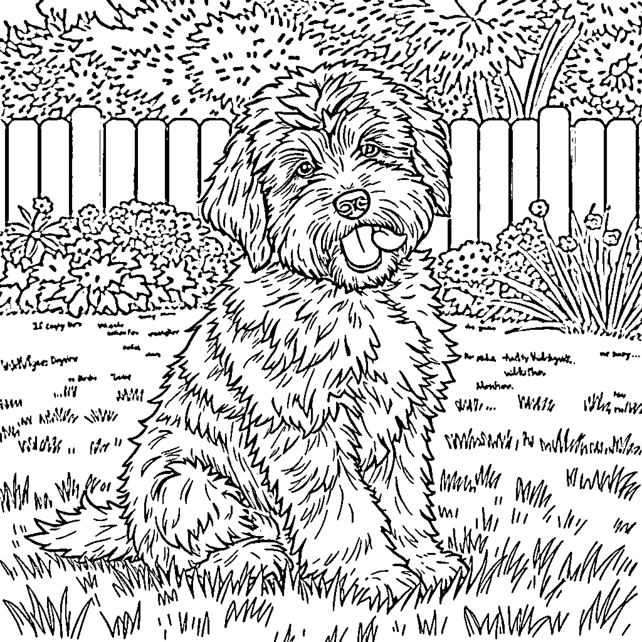 Aussiedoodle enjoying the garden scenery Coloring Page (free black-and-white line drawing printable PDF for all, from beginners to advanced learners, including children, teens, adults, and seniors)