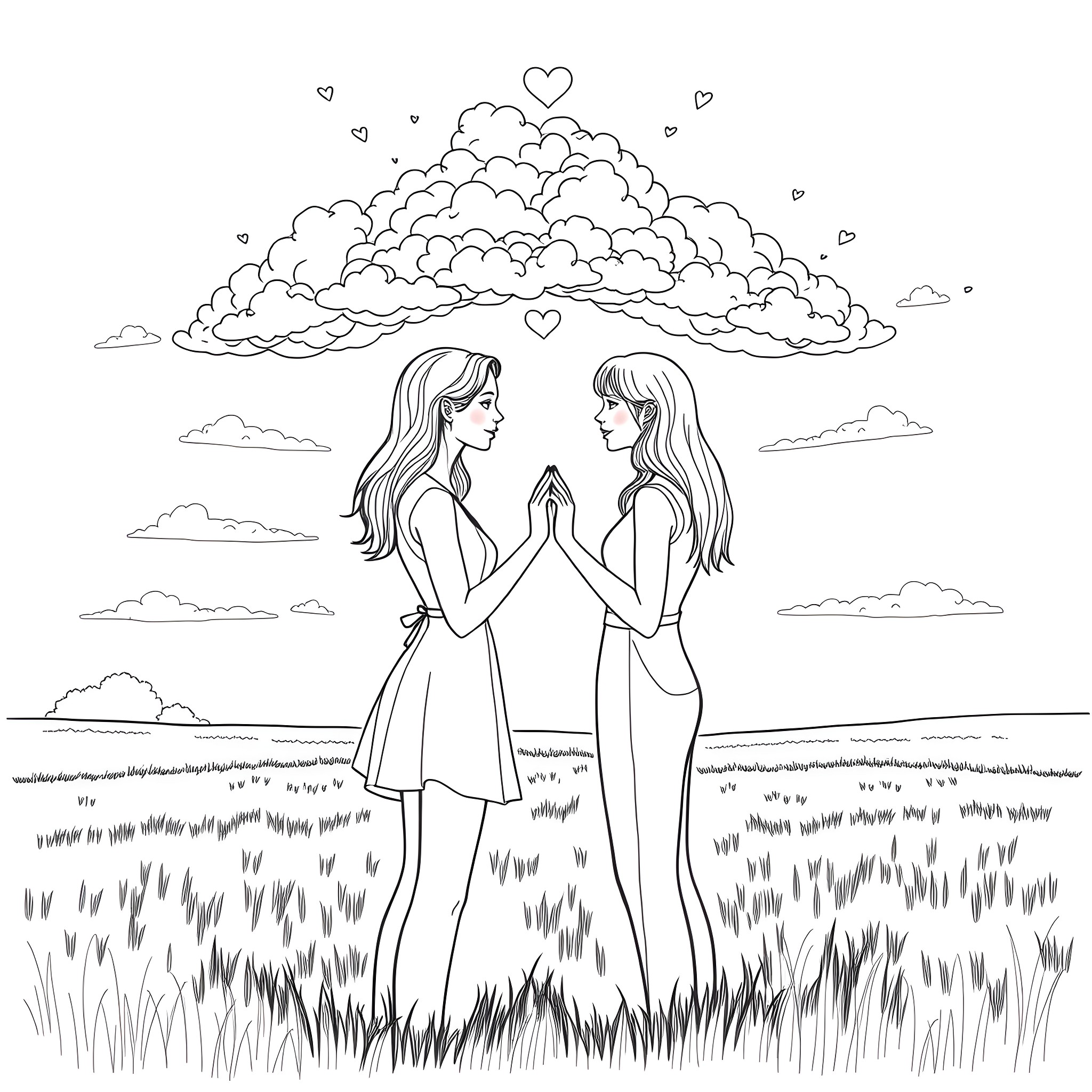 Lesbian couple embracing under heart-shaped cloud Coloring Page (free black-and-white line drawing printable PDF for all, from beginners to advanced learners, including children, teens, adults, and seniors)
