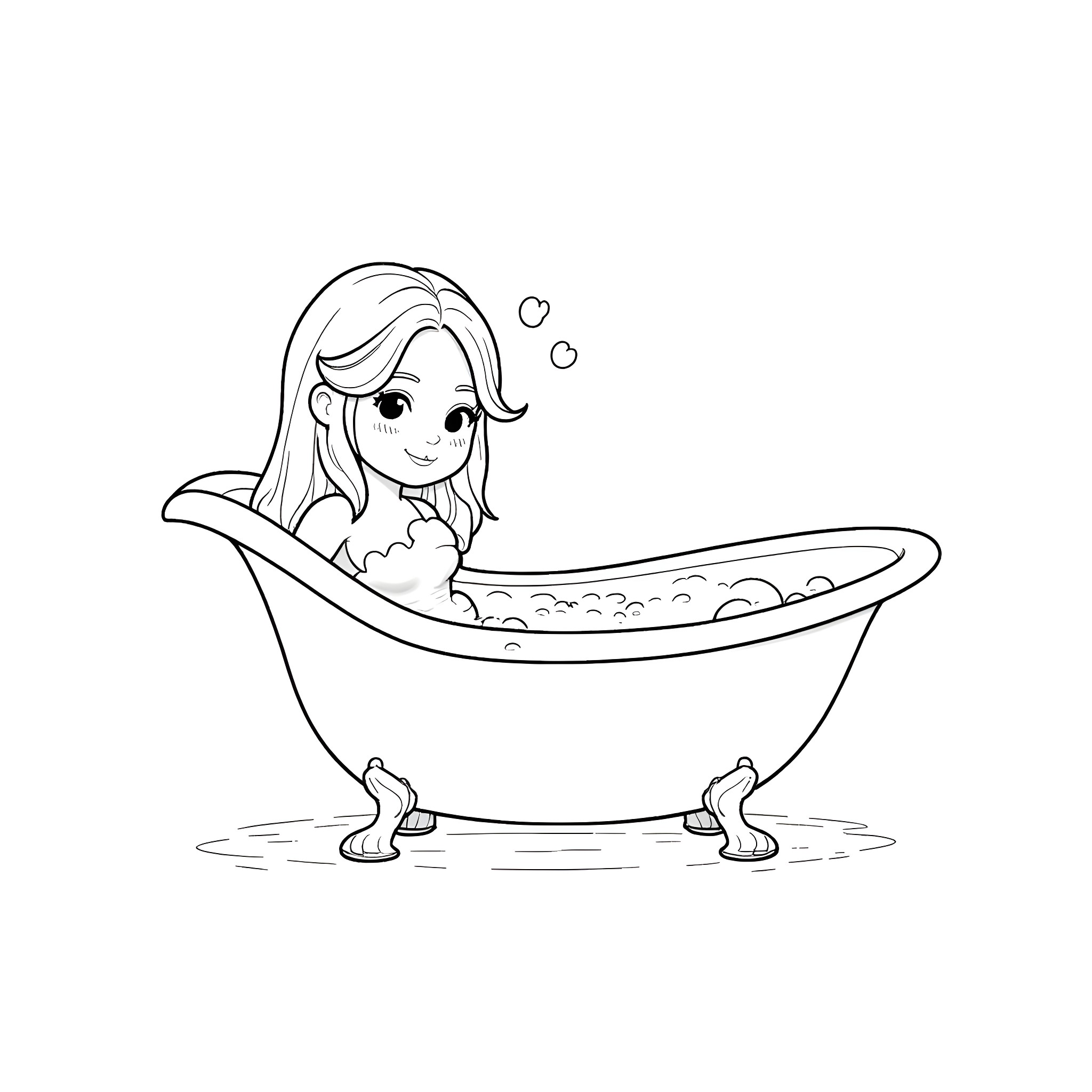 Girl enjoying a relaxing bubble bath Coloring Page (free black-and-white line drawing printable PDF for all, from beginners to advanced learners, including children, teens, adults, and seniors)