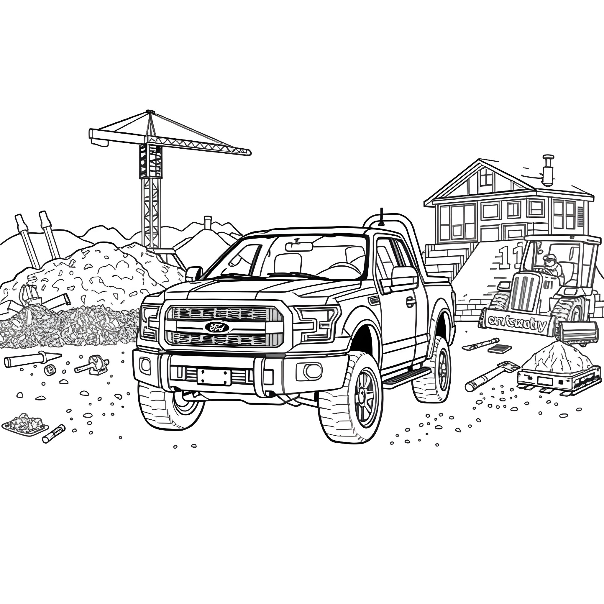Dump Truck carrying materials on a construction site Coloring Page (free black-and-white line drawing printable PDF for all, from beginners to advanced learners, including children, teens, adults, and seniors)