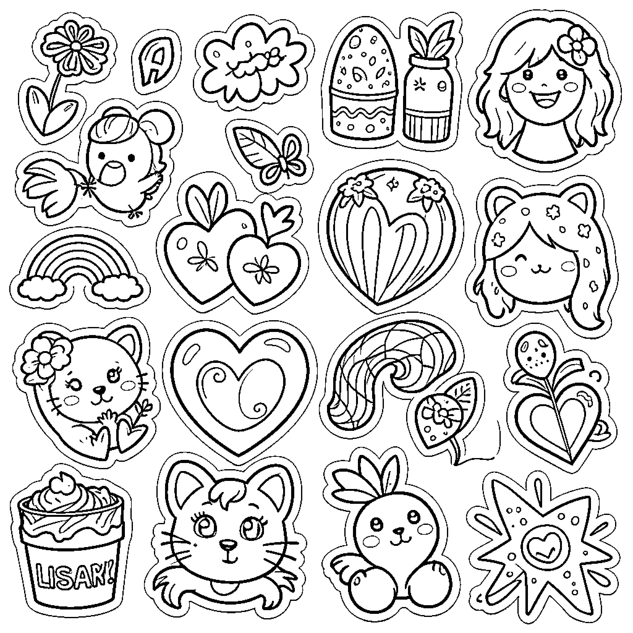 Lisa Frank Whimsical Characters and Symbols Coloring Page (free black-and-white line drawing printable PDF for all, from beginners to advanced learners, including children, teens, adults, and seniors)