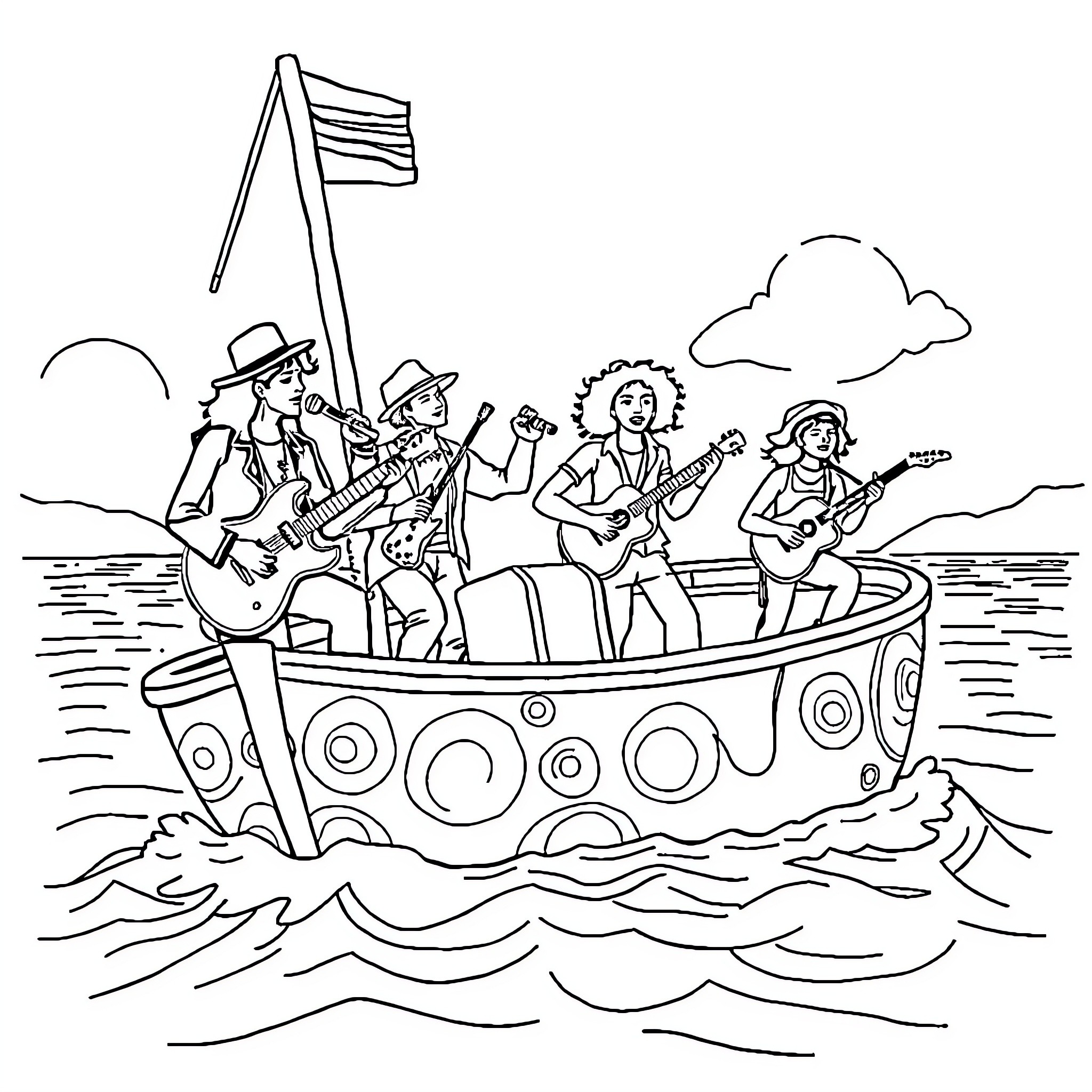 Band of musicians performing lively in a boat Coloring Page (free black-and-white line drawing printable PDF for all, from beginners to advanced learners, including children, teens, adults, and seniors)