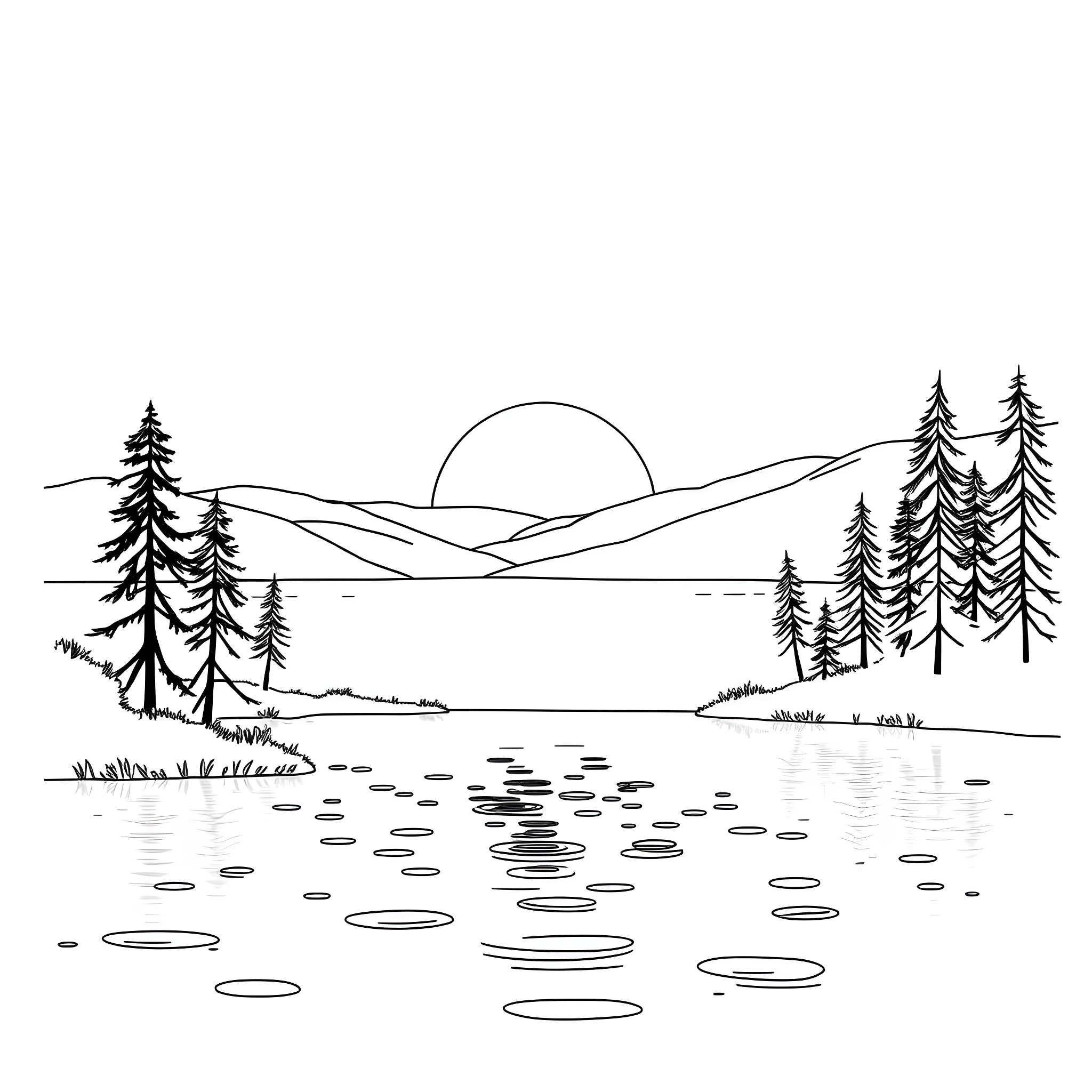 Nature's Serene Landscape with Sunset Coloring Page (free black-and-white line drawing printable PDF for all, from beginners to advanced learners, including children, teens, adults, and seniors)