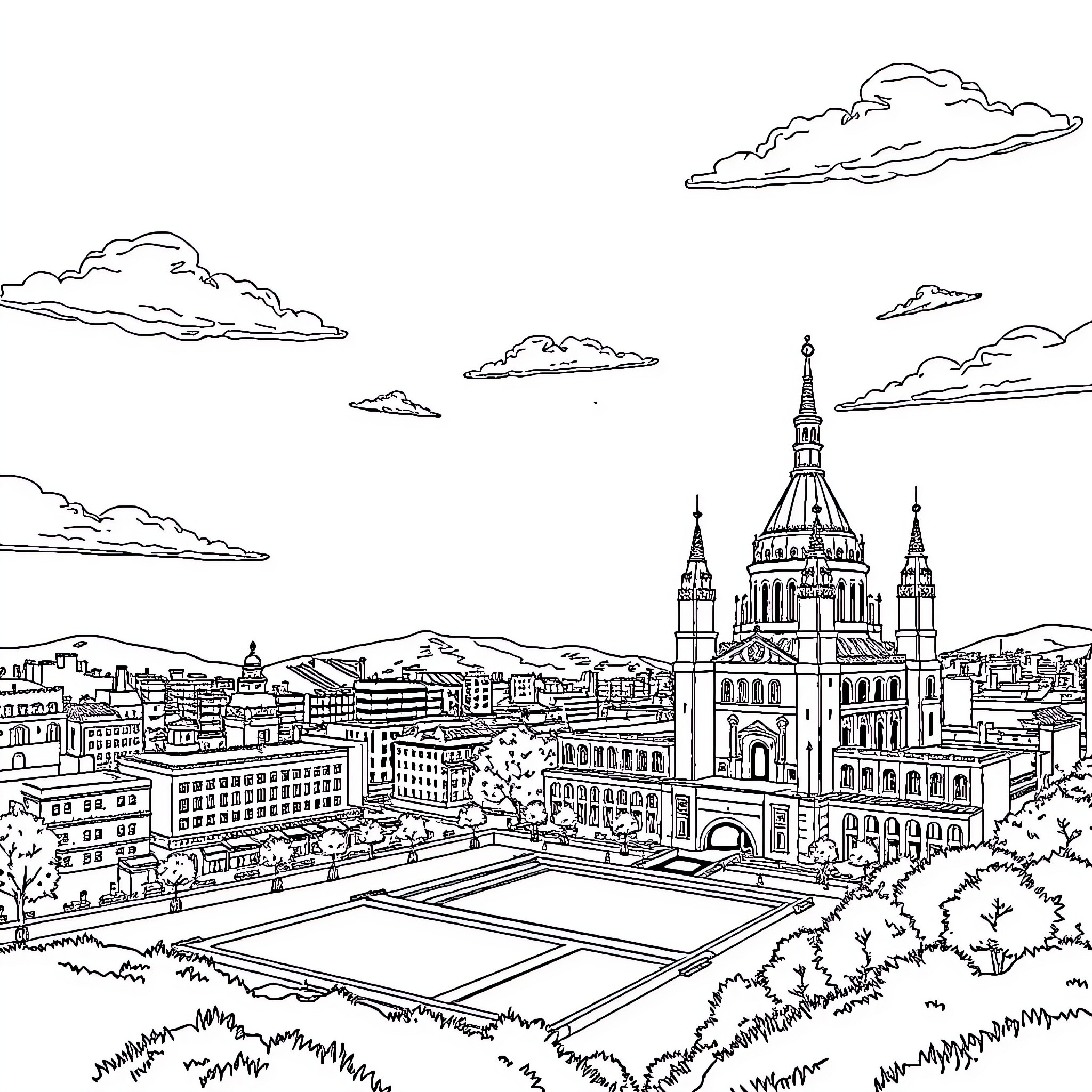 Terrain with cityscape and architectural landmarks Coloring Page (free black-and-white line drawing printable PDF for all, from beginners to advanced learners, including children, teens, adults, and seniors)