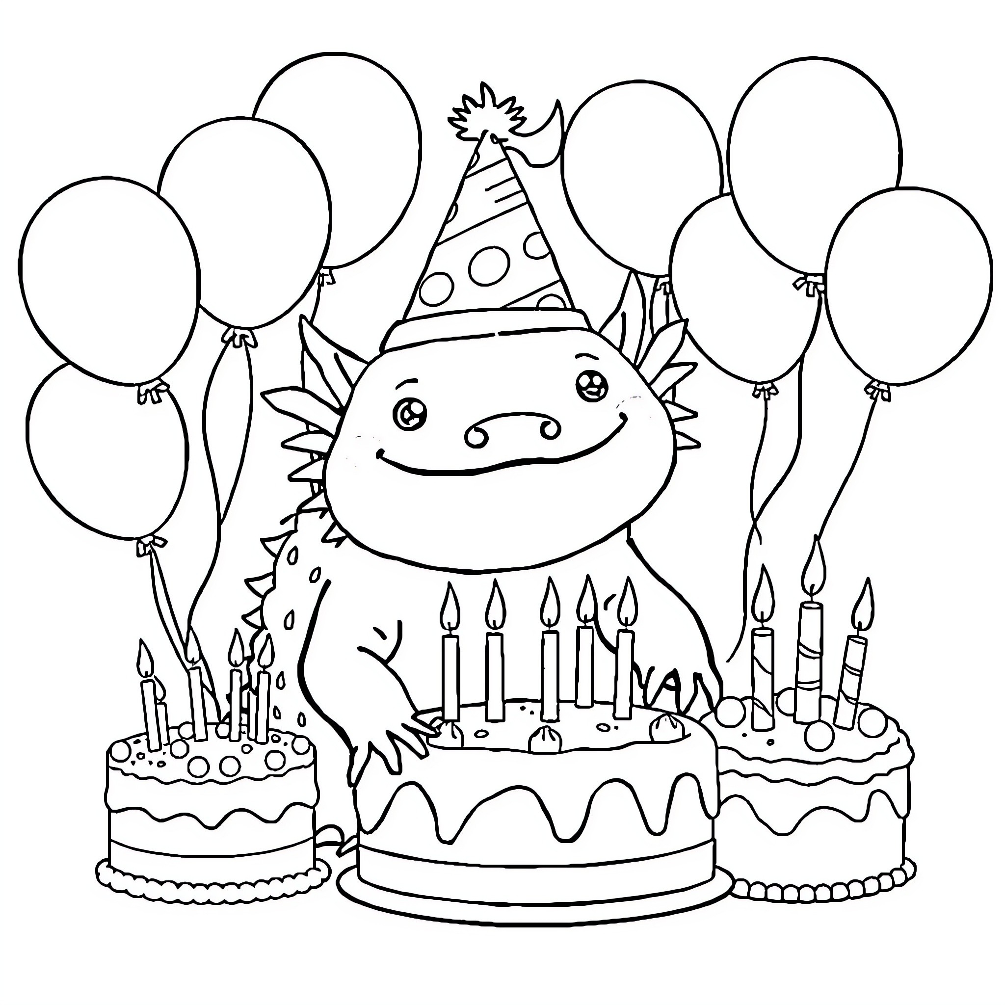 Axolotl celebrating birthday with balloons and cakes Coloring Page (free black-and-white line drawing printable PDF for all, from beginners to advanced learners, including children, teens, adults, and seniors)