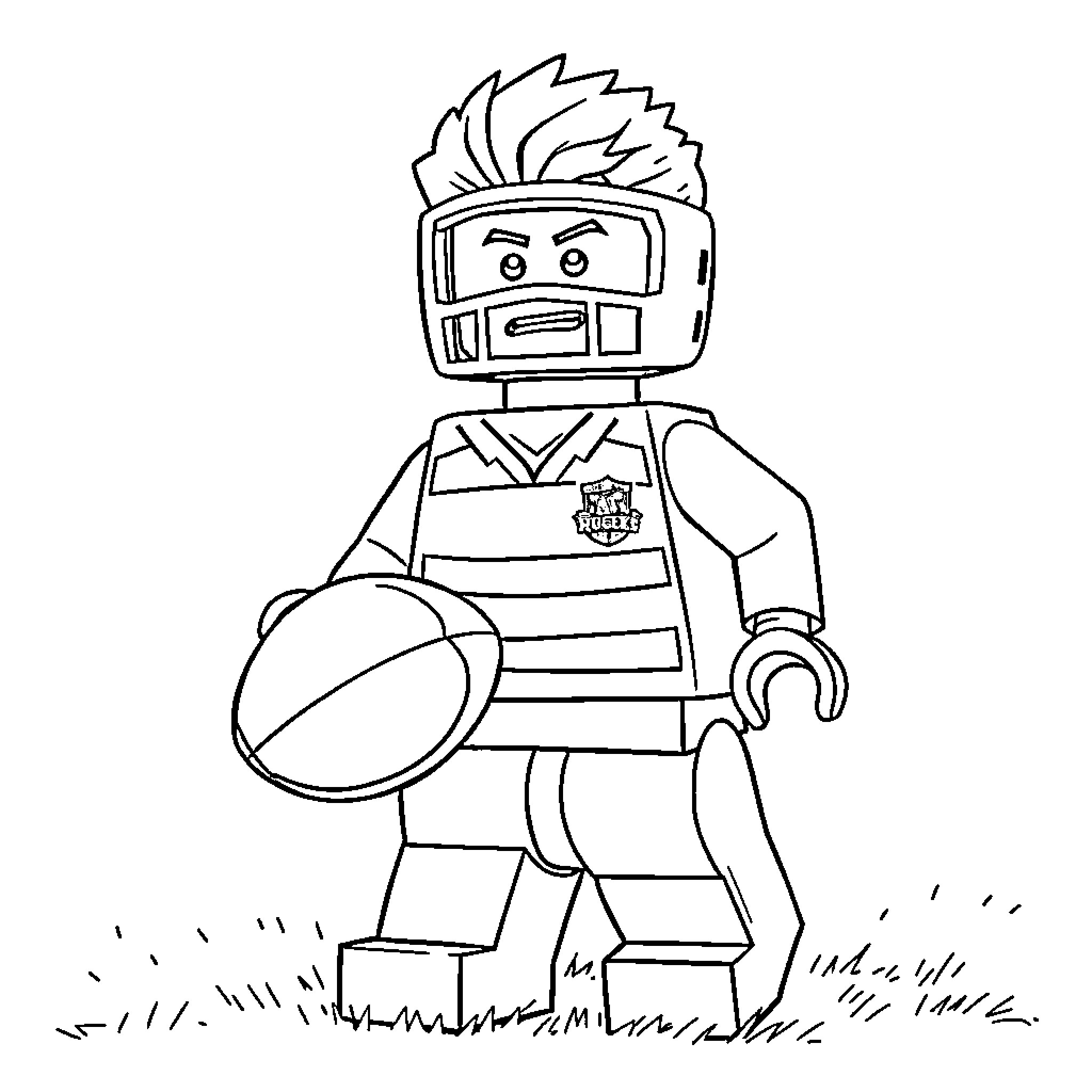LEGO Minifigure playing rugby on the field Coloring Page (free black-and-white line drawing printable PDF for all, from beginners to advanced learners, including children, teens, adults, and seniors)