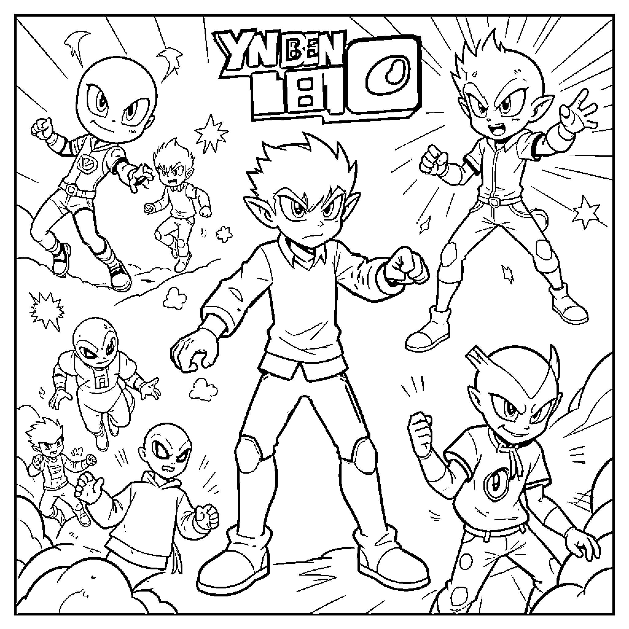 Ben 10 characters in action poses and expressions Coloring Page (free black-and-white line drawing printable PDF for all, from beginners to advanced learners, including children, teens, adults, and seniors)